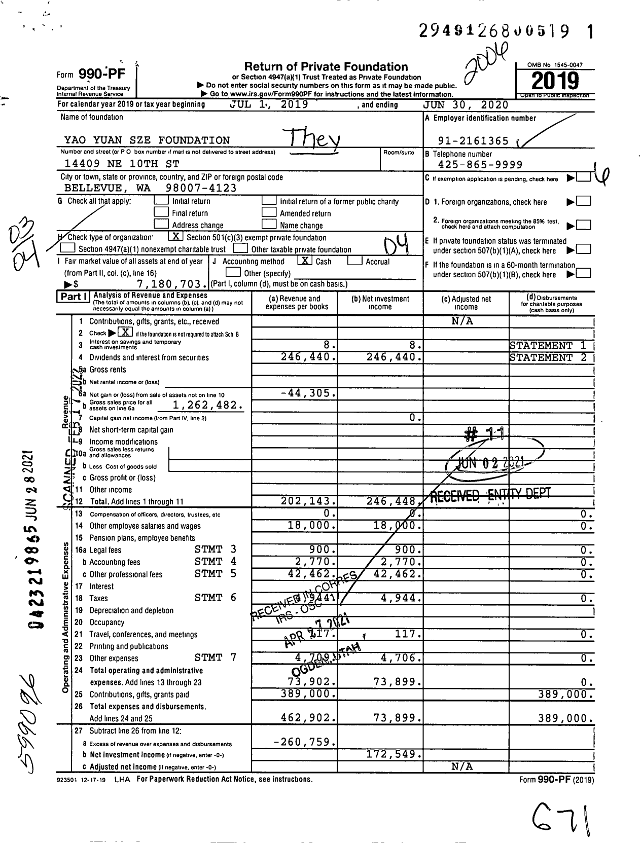 Image of first page of 2019 Form 990PF for Yao Yuan Sze Foundation