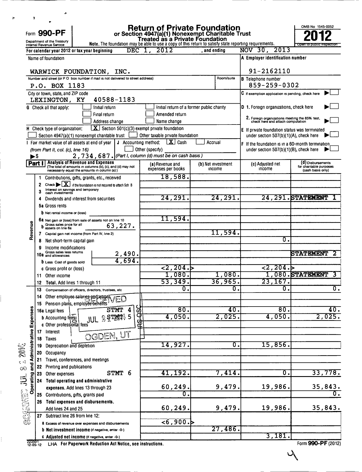 Image of first page of 2012 Form 990PF for Warwick Foundation