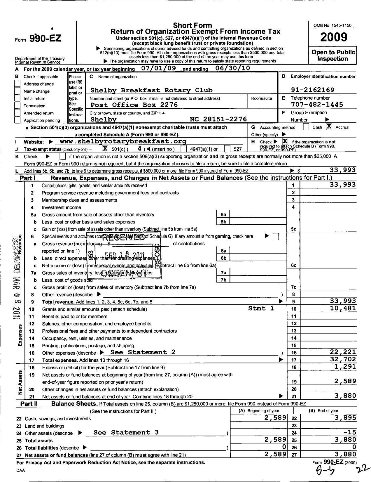 Image of first page of 2009 Form 990EO for Rotary International - Shelby Breakfast