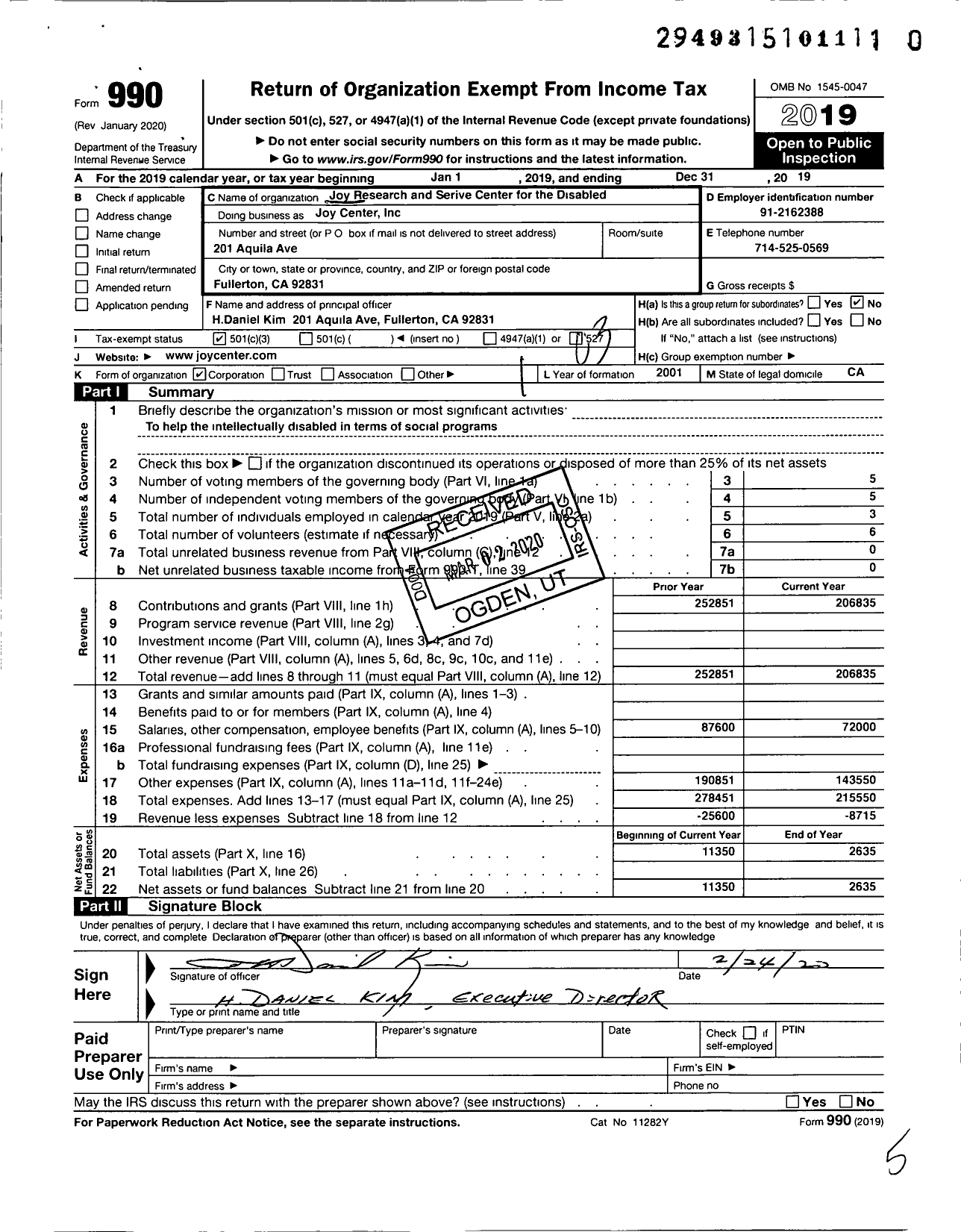 Image of first page of 2019 Form 990 for Joy Center / Joy Research and Service Center for the Disabled Inc