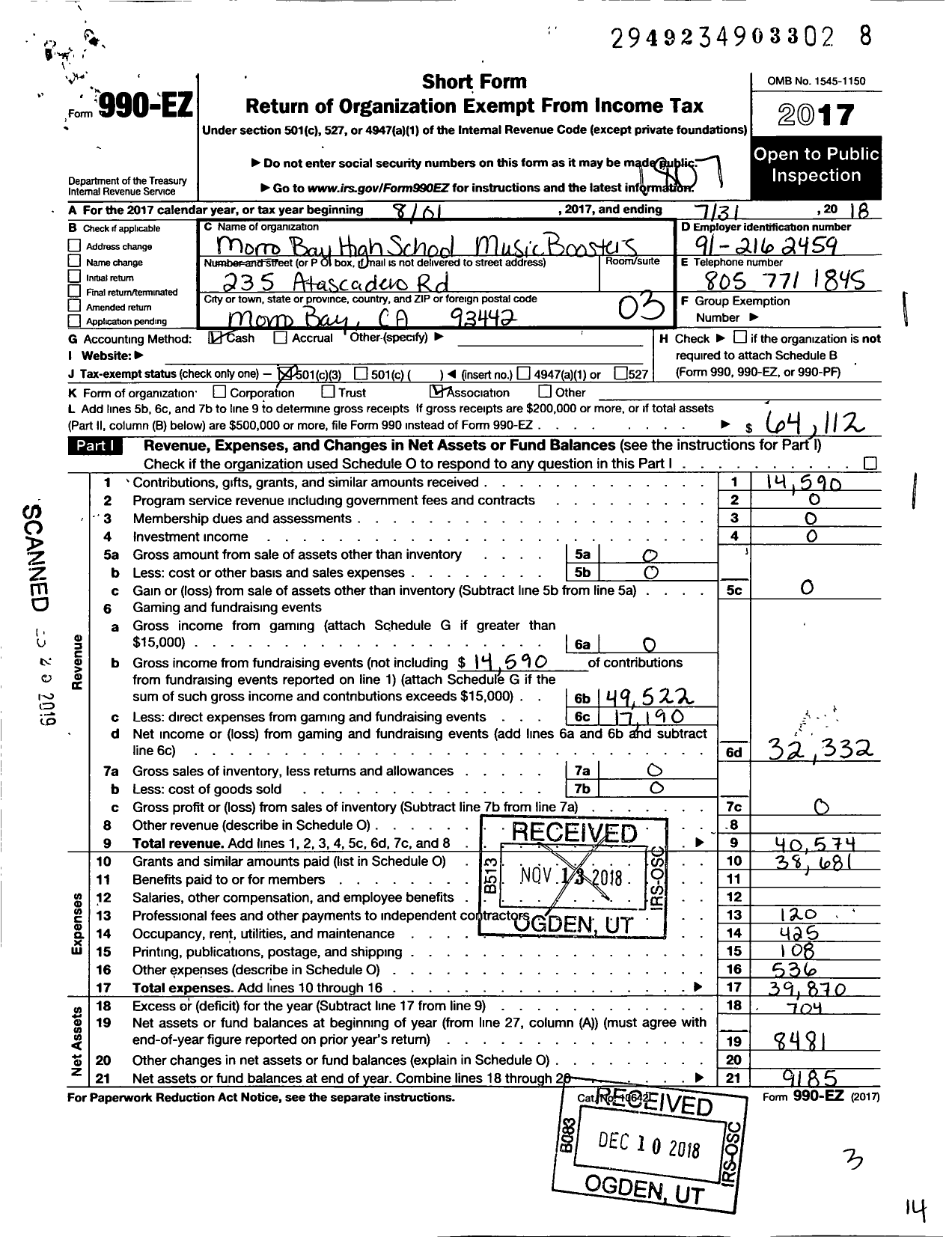 Image of first page of 2017 Form 990EZ for Morro Bay High School Music Boosters