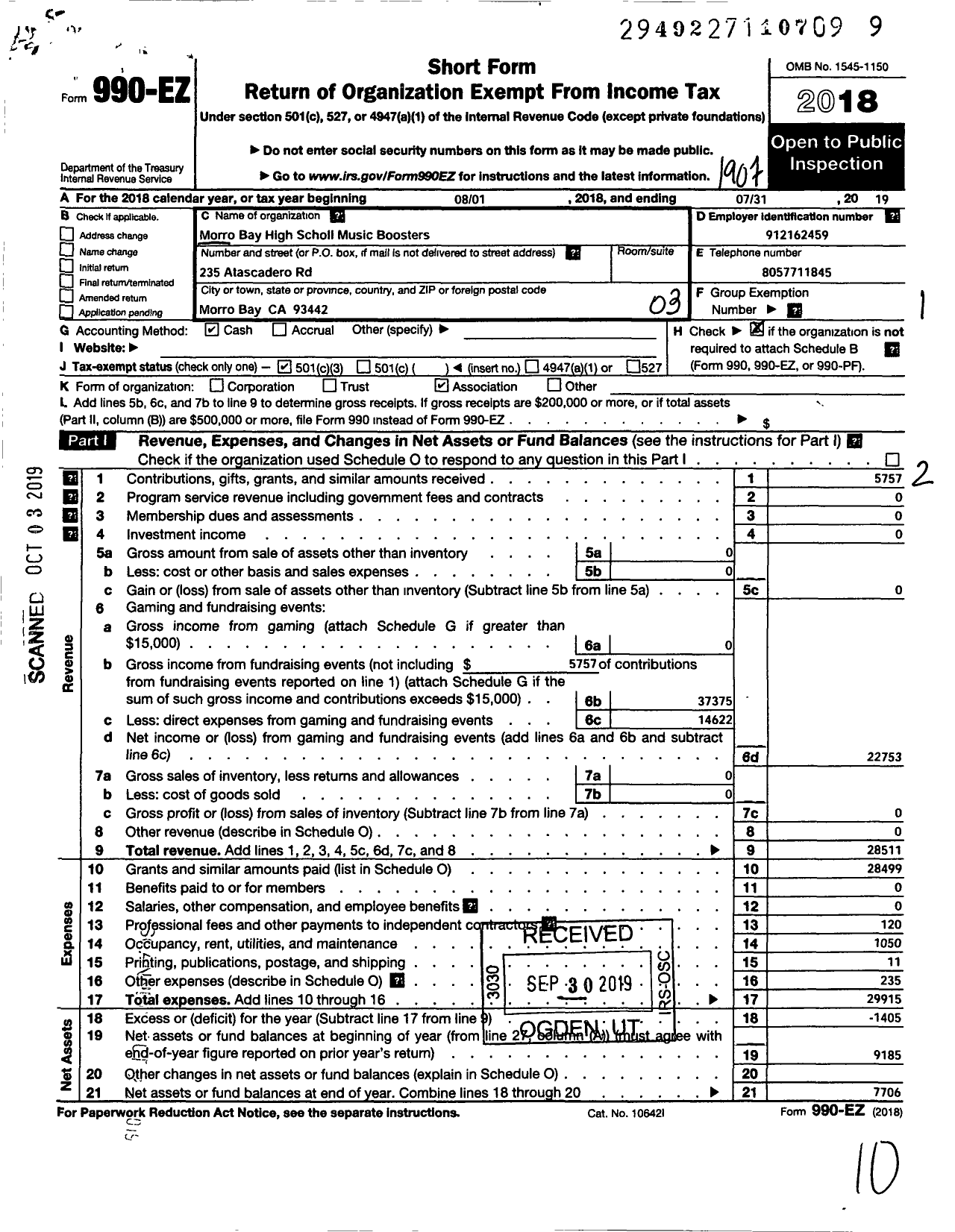 Image of first page of 2018 Form 990EZ for Morro Bay High School Music Boosters