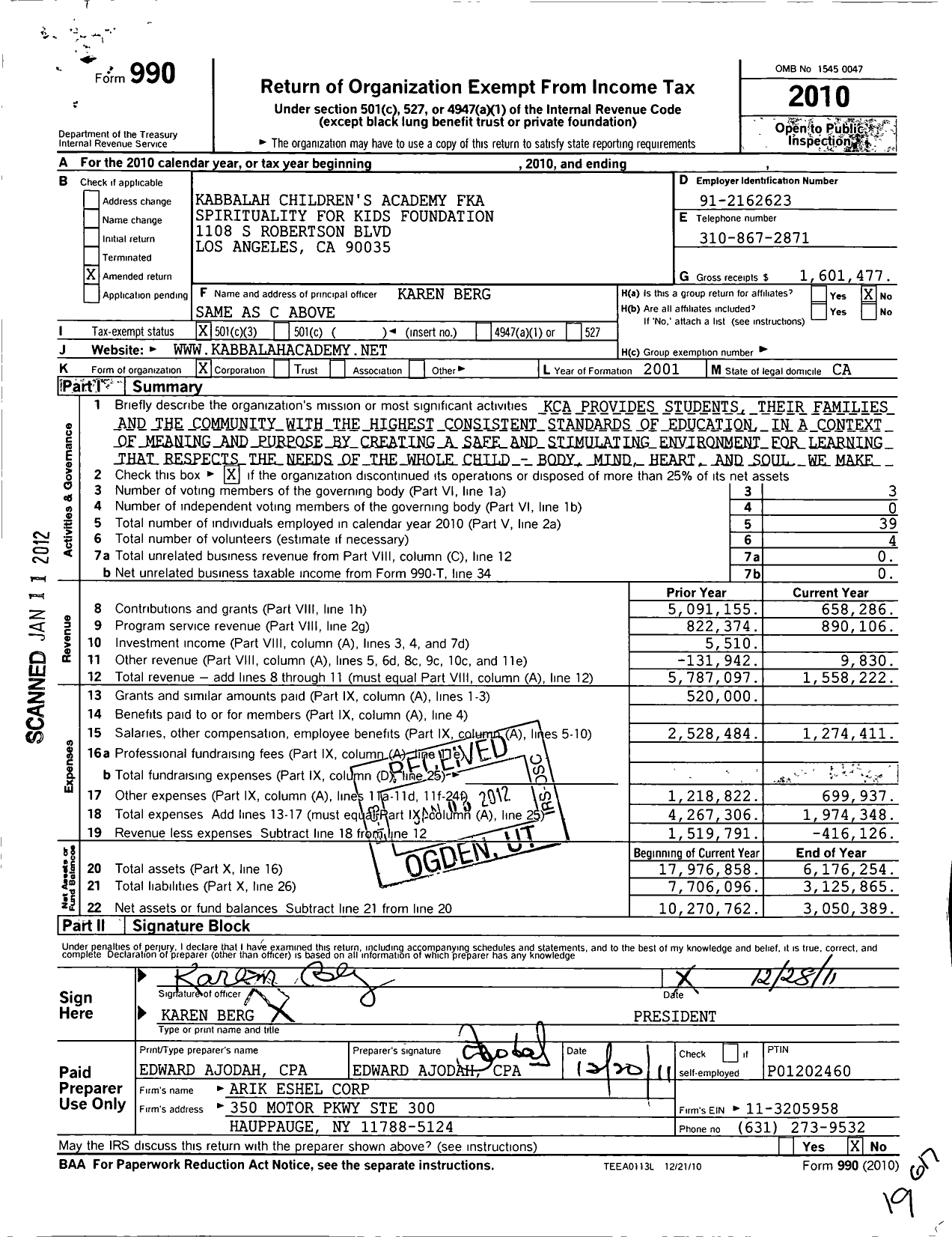 Image of first page of 2010 Form 990 for Kabbalah Childrens Academy