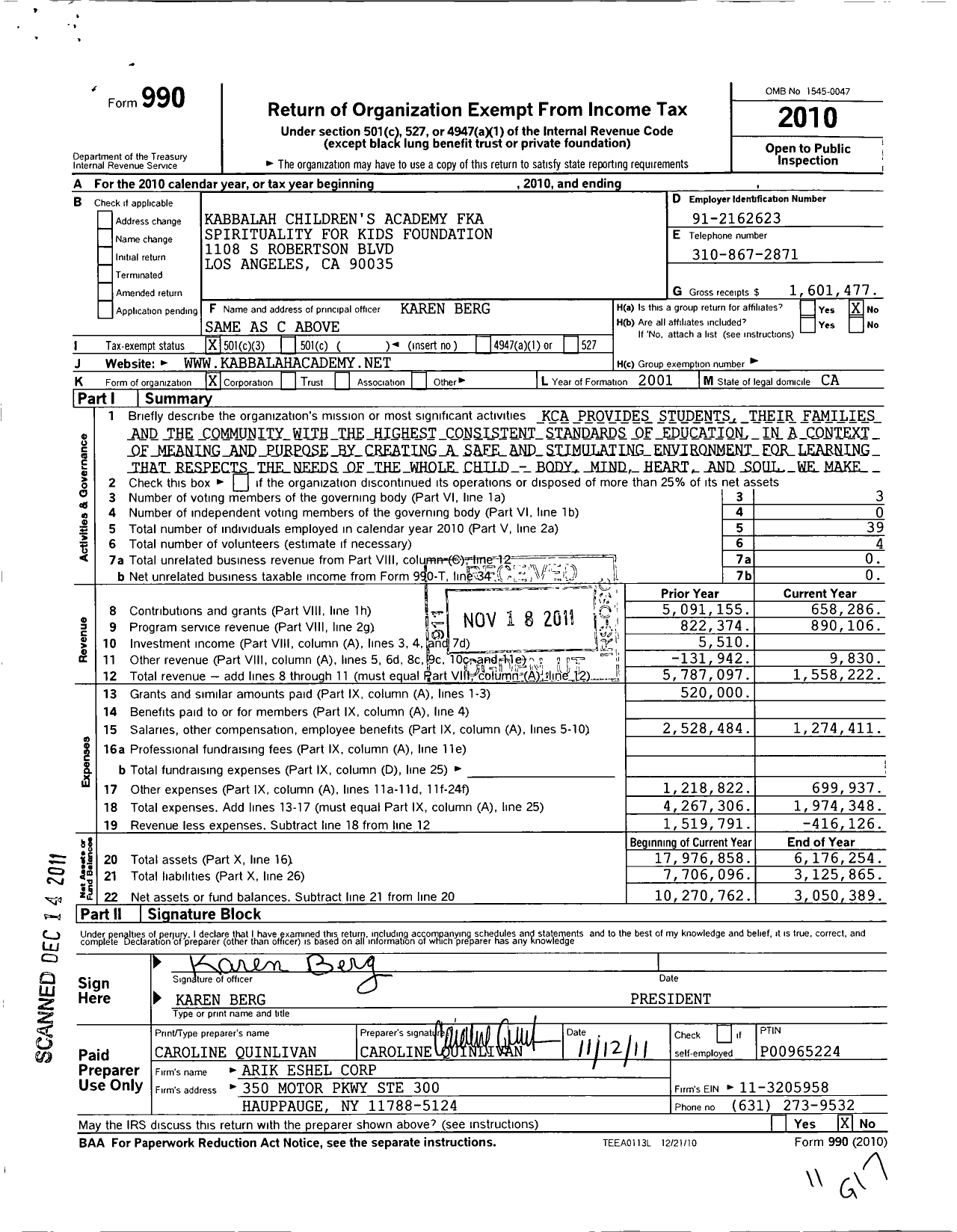 Image of first page of 2010 Form 990 for Kabbalah Childrens Academy