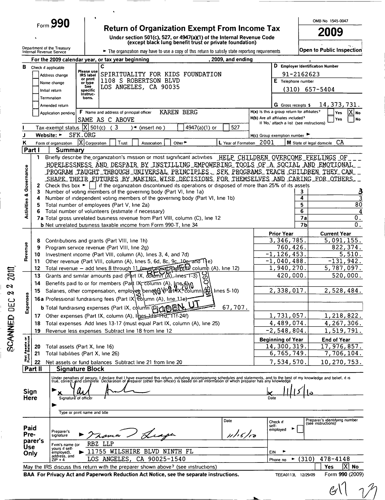 Image of first page of 2009 Form 990 for Kabbalah Childrens Academy