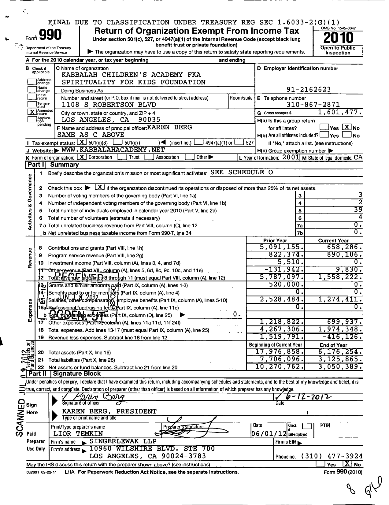 Image of first page of 2010 Form 990 for Kabbalah Childrens Academy