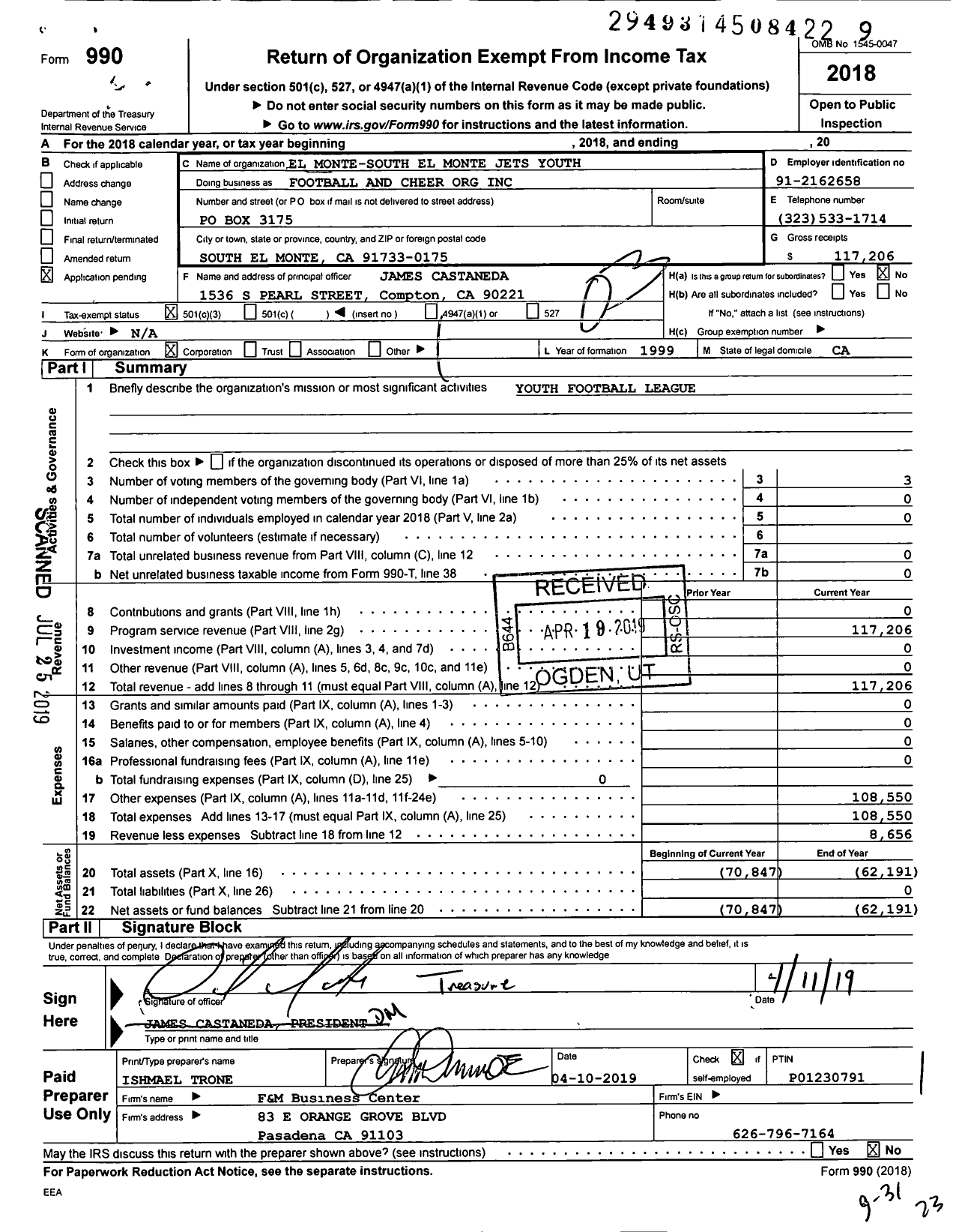 Image of first page of 2018 Form 990 for El Monte-South El Monte Jets Youth Football and Cheer Organization