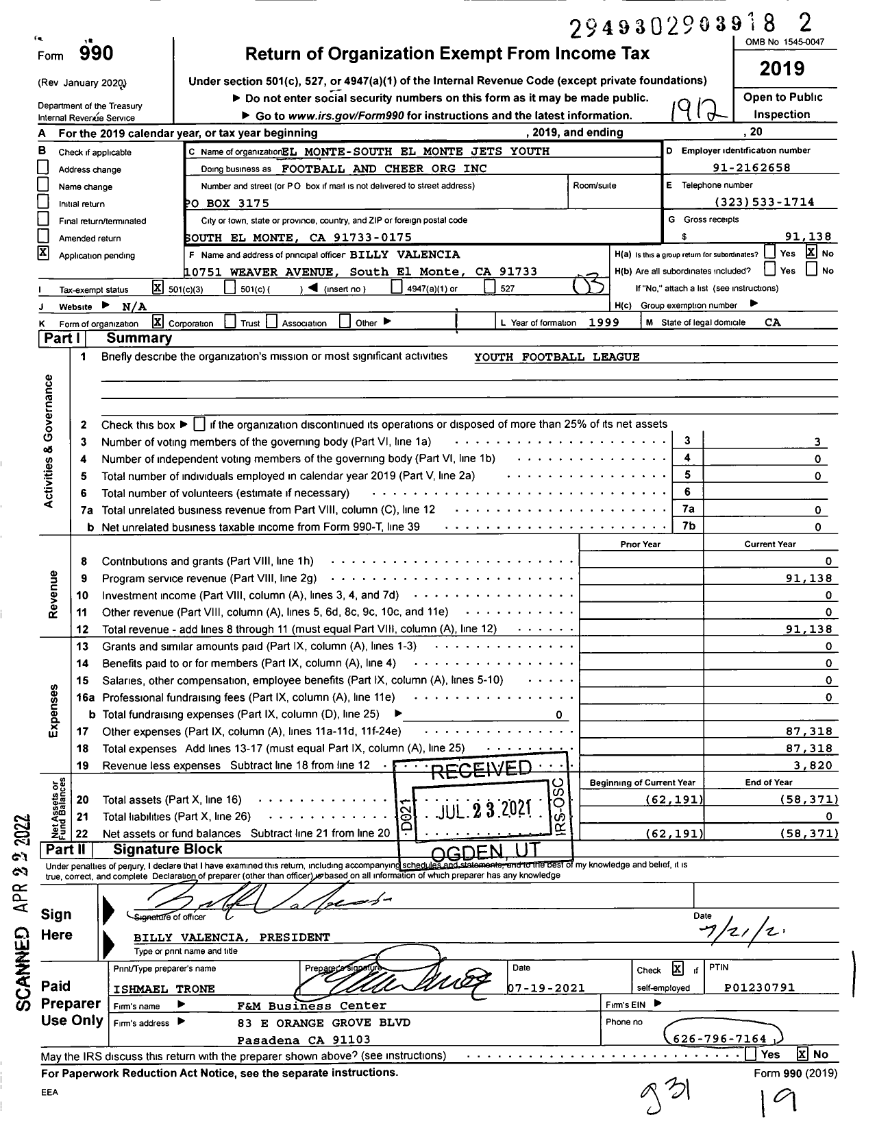 Image of first page of 2019 Form 990 for El Monte-South El Monte Jets Youth Football and Cheer Organization