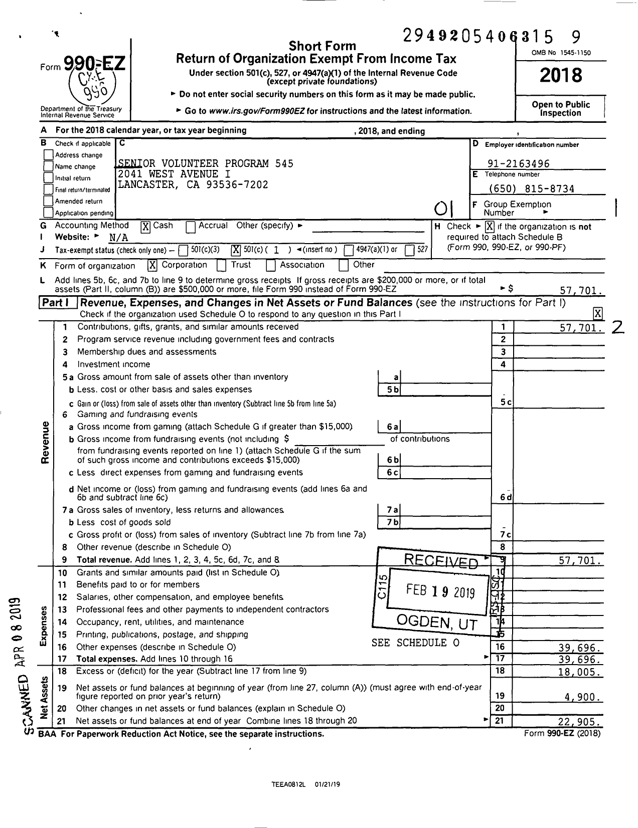 Image of first page of 2018 Form 990EO for Senior Volunteer Program 545