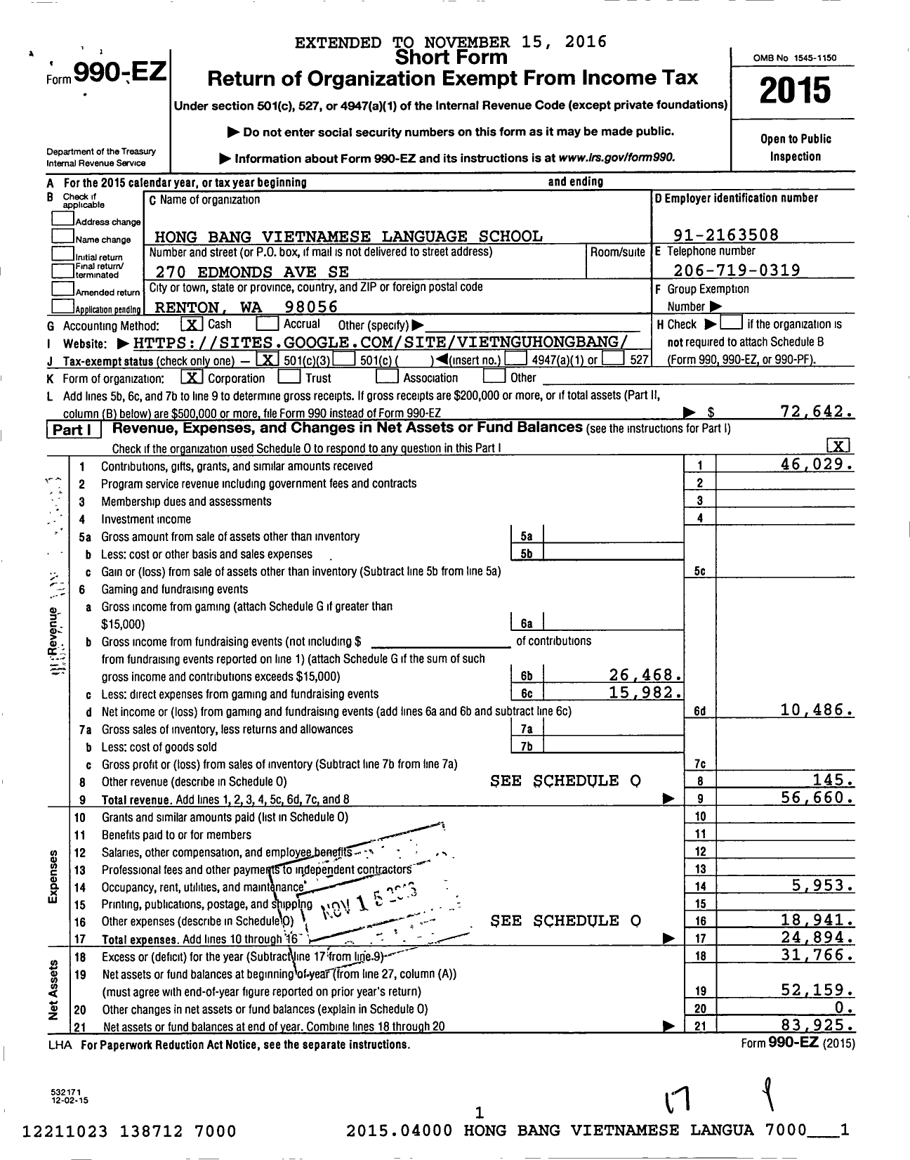 Image of first page of 2015 Form 990EZ for Hong Bang Vietnamese Language School