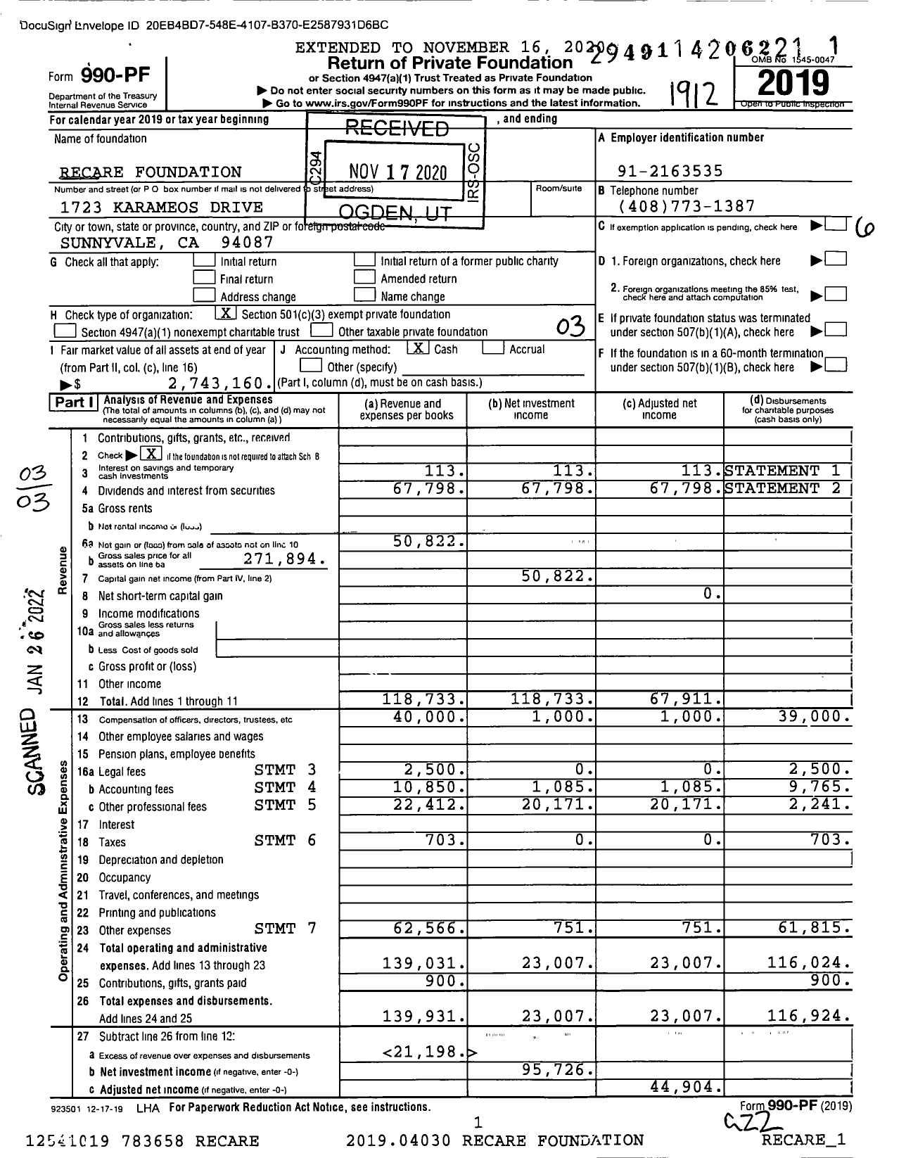 Image of first page of 2019 Form 990PF for Recare Foundation
