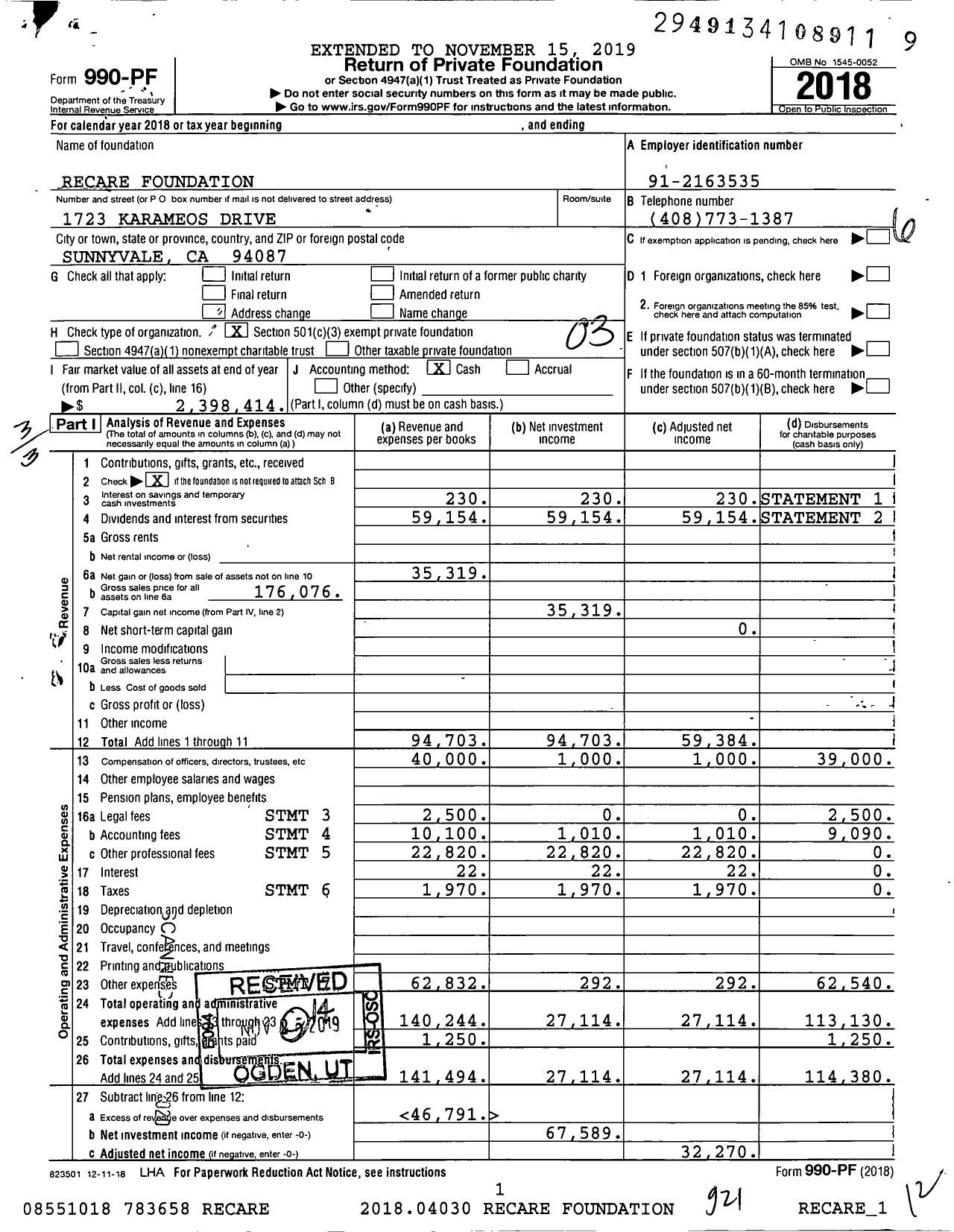 Image of first page of 2018 Form 990PF for Recare Foundation