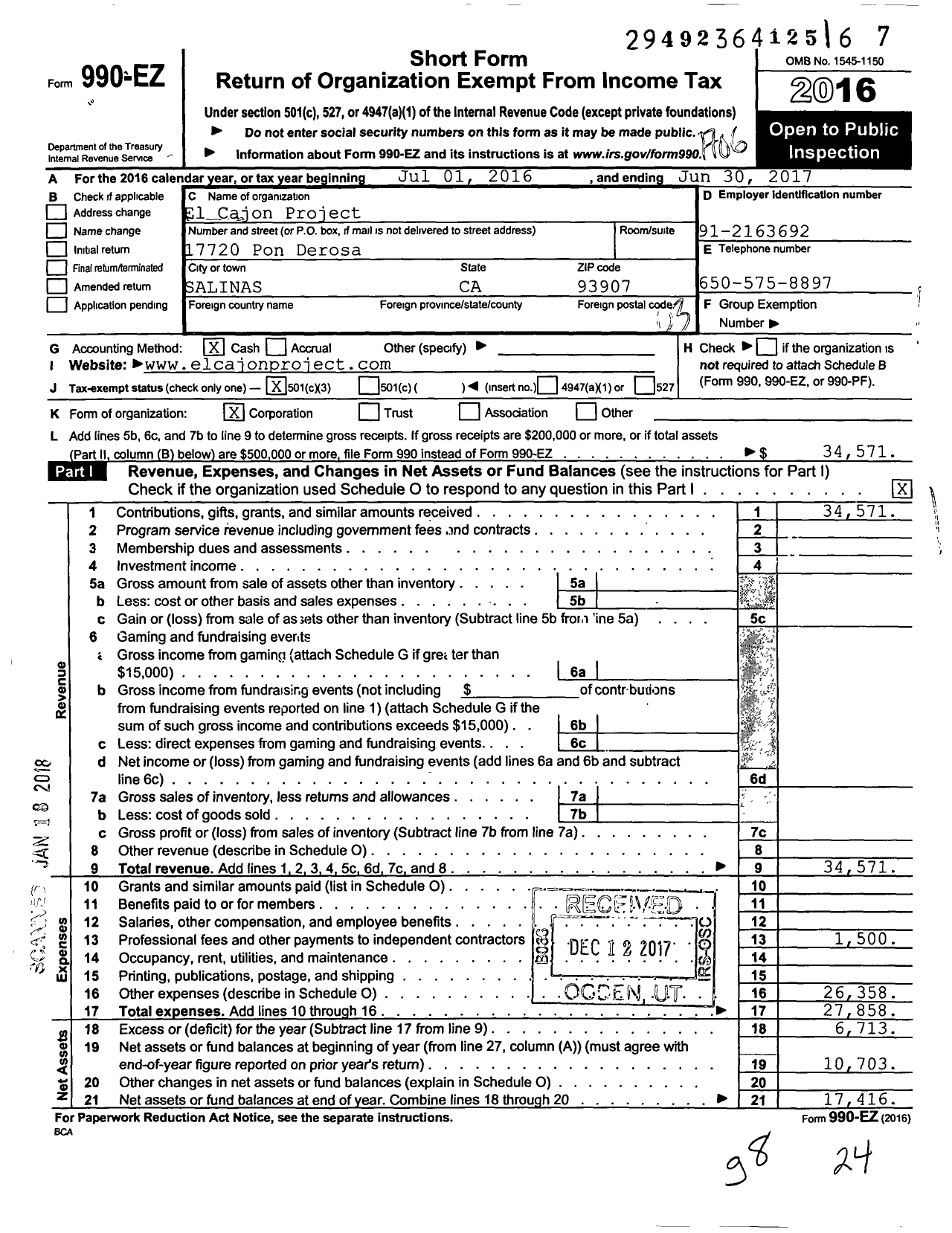 Image of first page of 2016 Form 990EZ for El Cajon Project