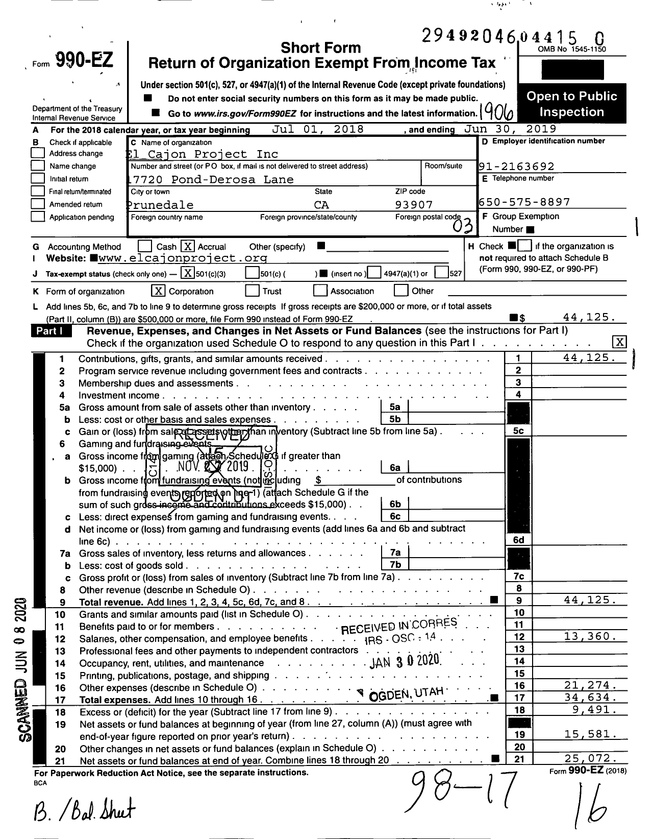 Image of first page of 2018 Form 990EZ for El Cajon Project