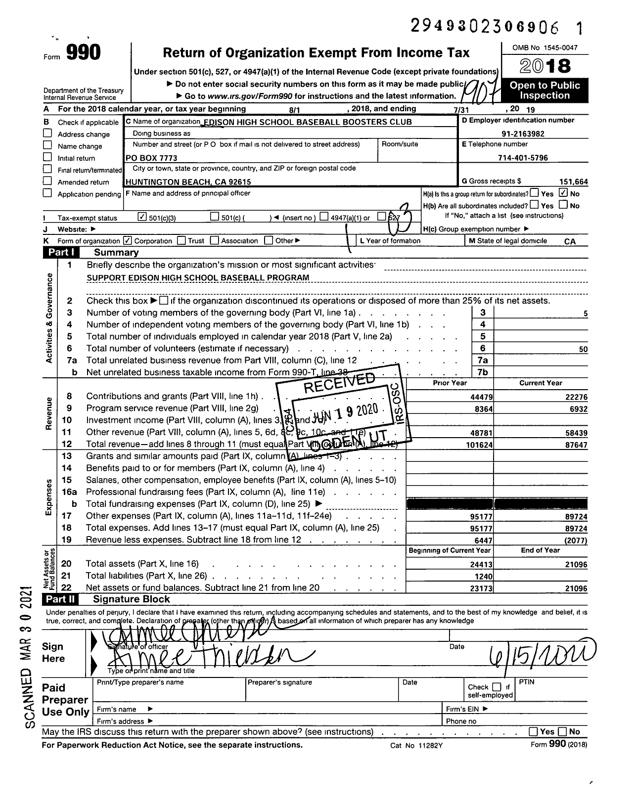 Image of first page of 2018 Form 990 for Edison High School Baseball Boosters