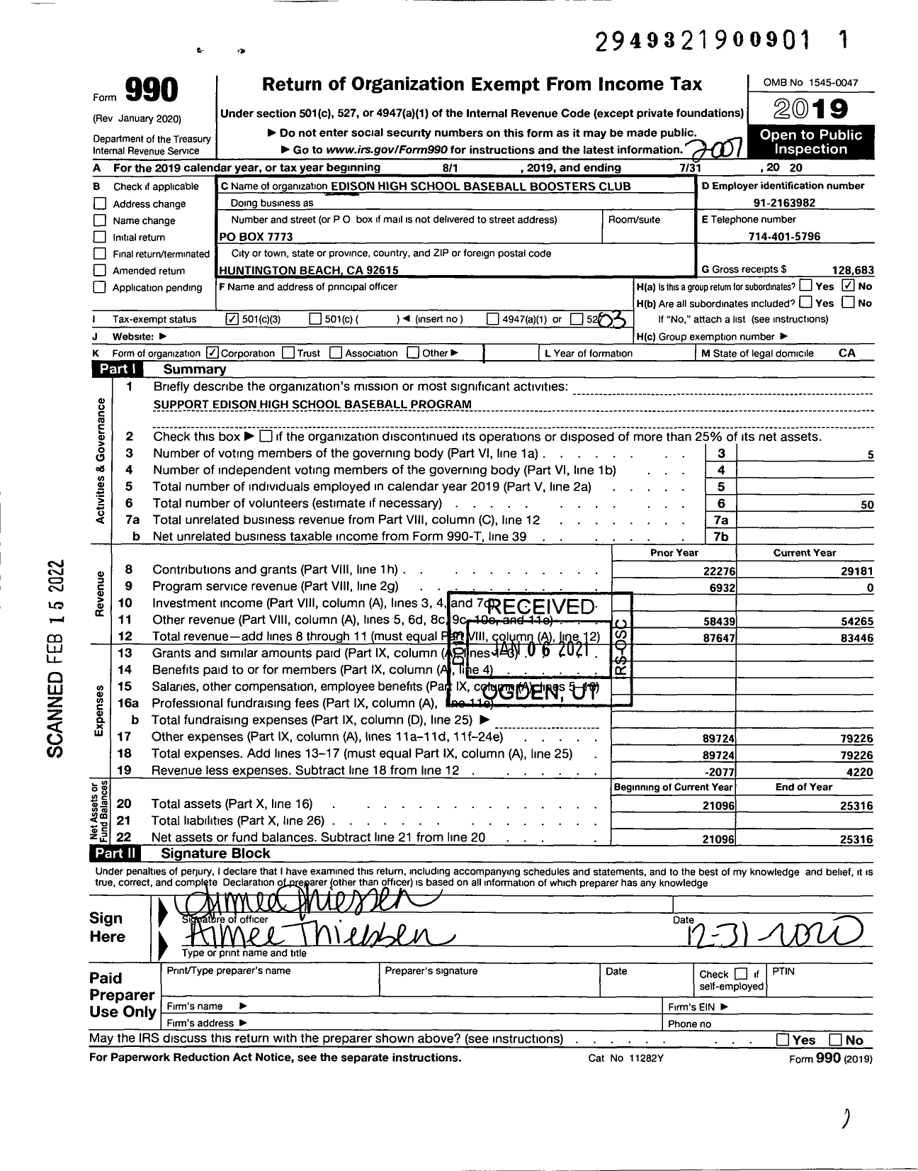 Image of first page of 2019 Form 990 for Edison High School Baseball Boosters