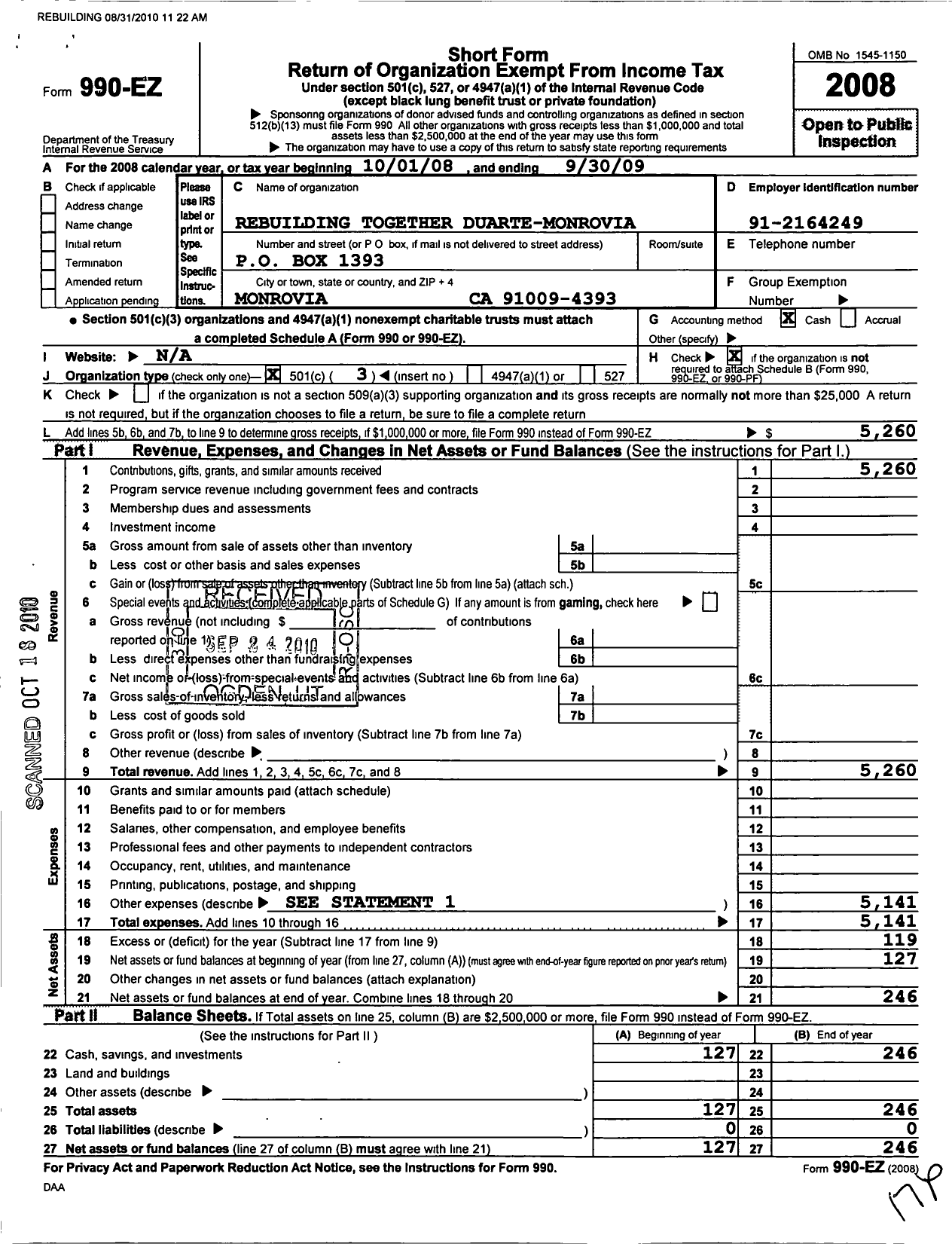 Image of first page of 2008 Form 990EZ for Rebuilding Together San Gabriel Valley Foothills