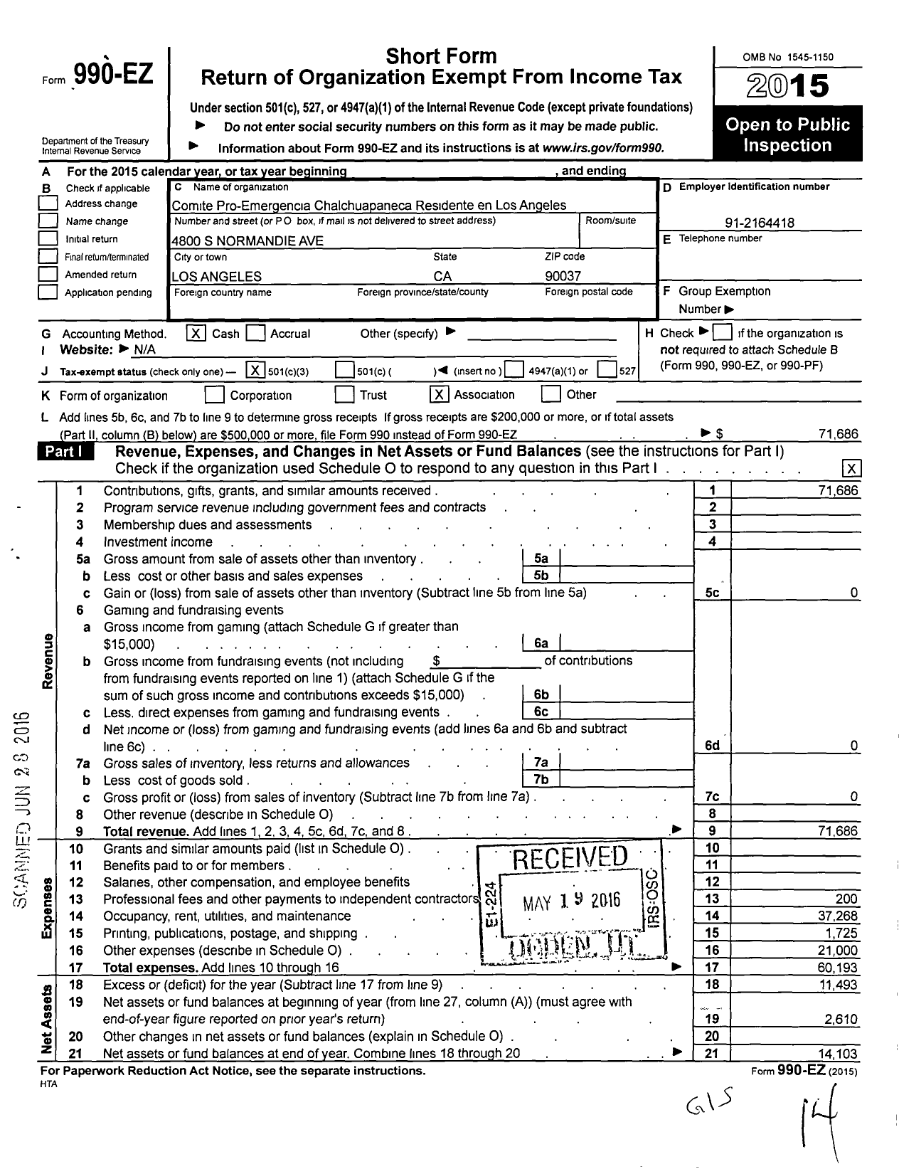 Image of first page of 2015 Form 990EZ for Comite Pro-Emergencia Chalchuapaneca Residente en Los Angeles