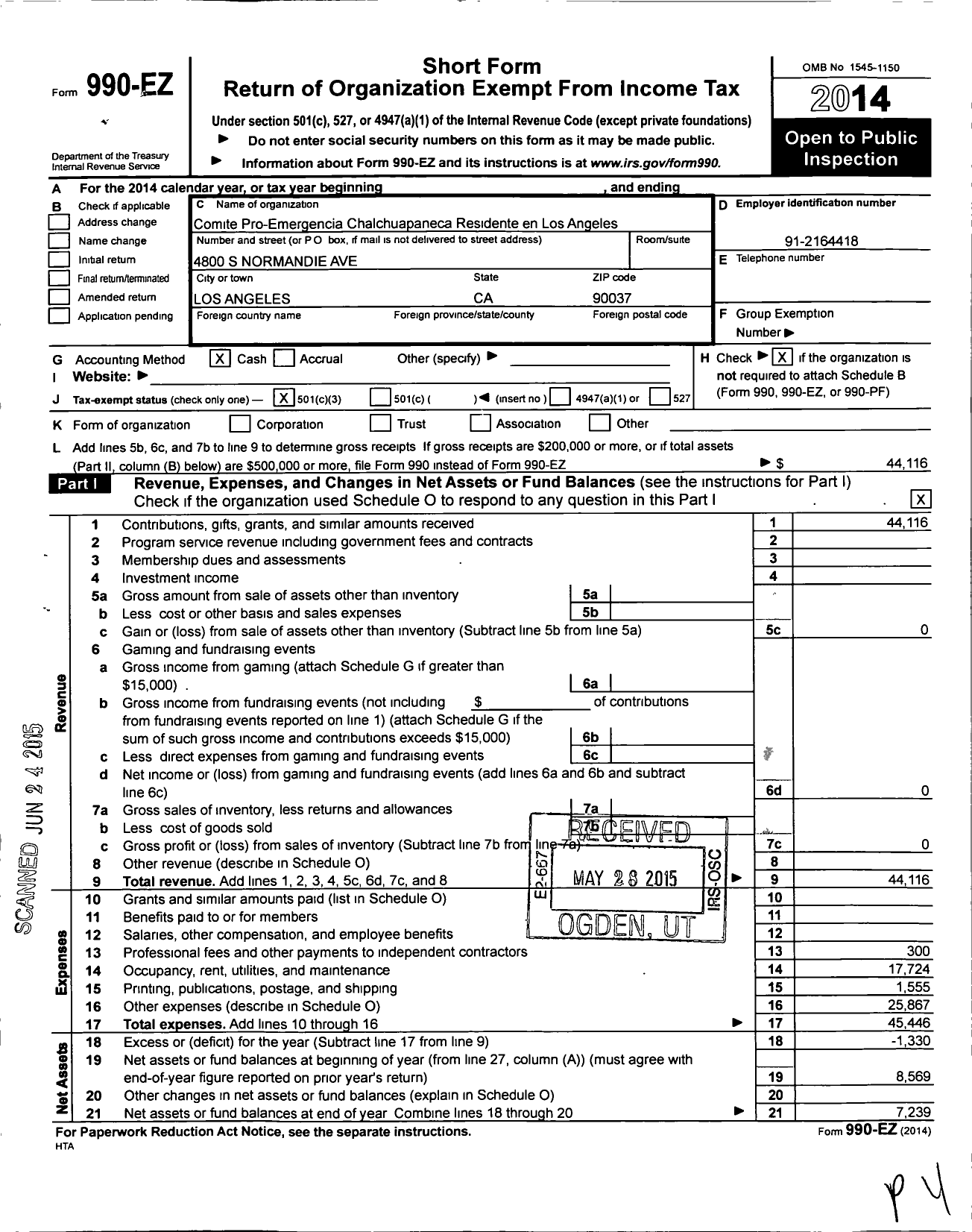 Image of first page of 2014 Form 990EZ for Comite Pro-Emergencia Chalchuapaneca Residente en Los Angeles