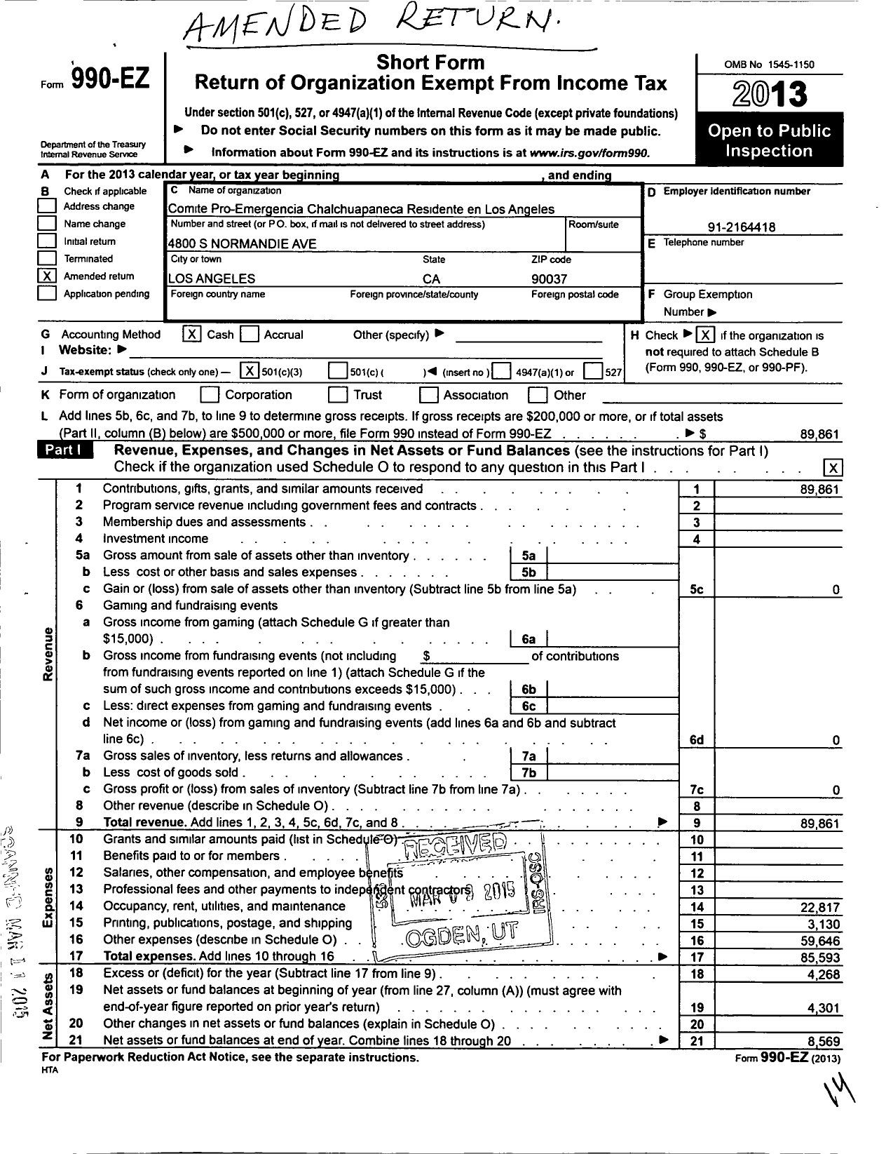 Image of first page of 2013 Form 990EZ for Comite Pro-Emergencia Chalchuapaneca Residente en Los Angeles