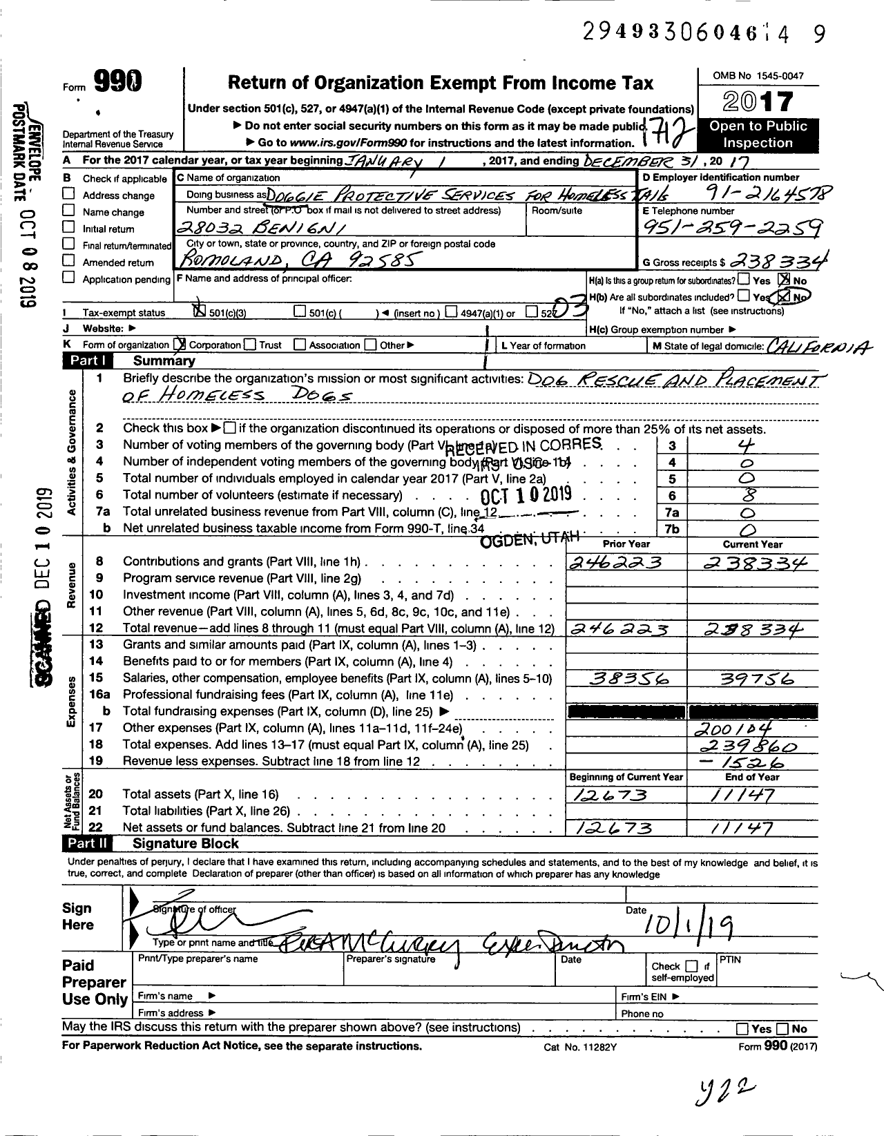 Image of first page of 2017 Form 990 for Doggie Protective Services for Homeless Tails