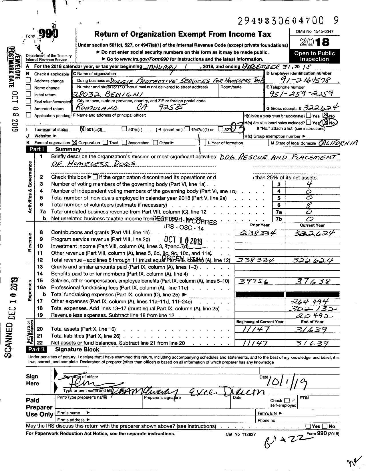 Image of first page of 2018 Form 990 for Doggie Protective Services for Homeless Tails