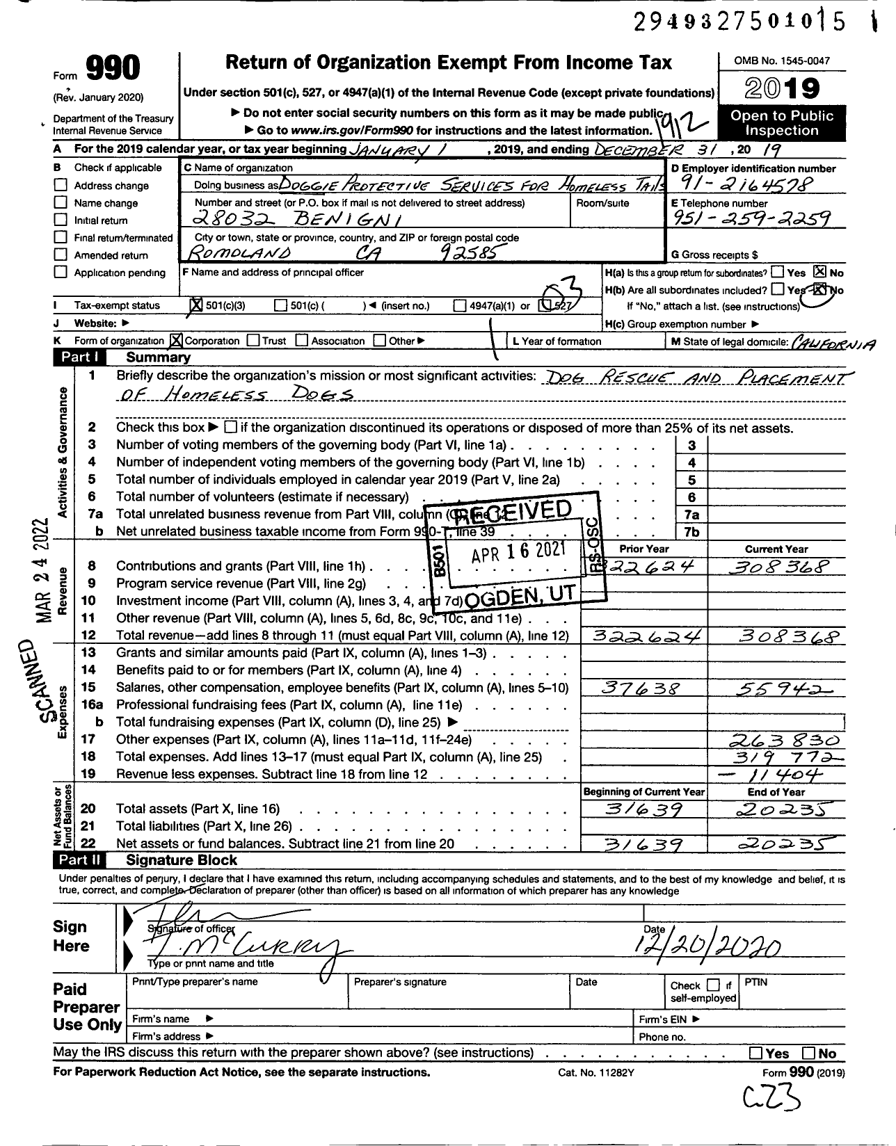 Image of first page of 2019 Form 990 for Doggie Protective Services for Homeless Tails