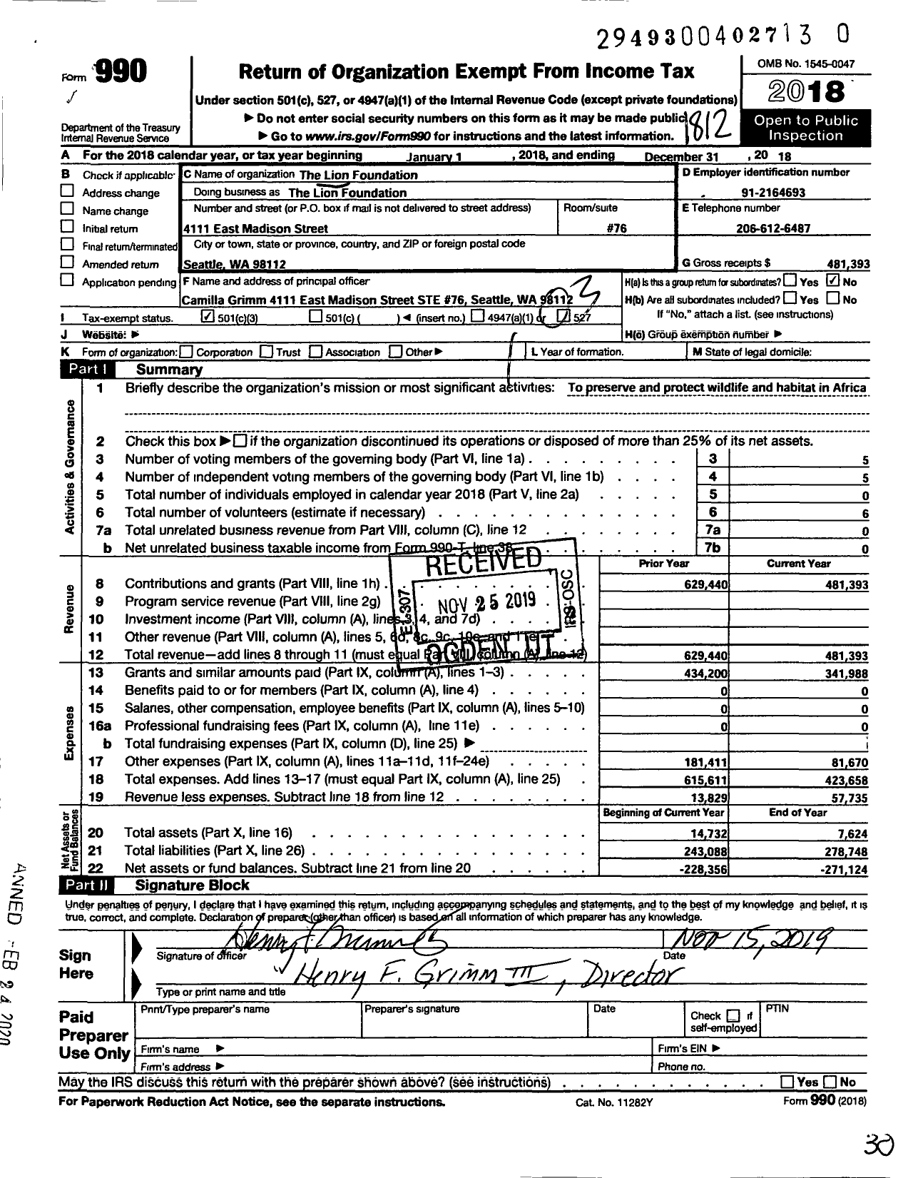 Image of first page of 2018 Form 990 for Wild Terra Foundation