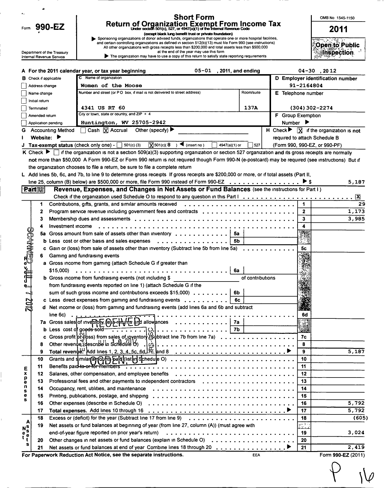 Image of first page of 2011 Form 990EO for Loyal Order of Moose - 2223