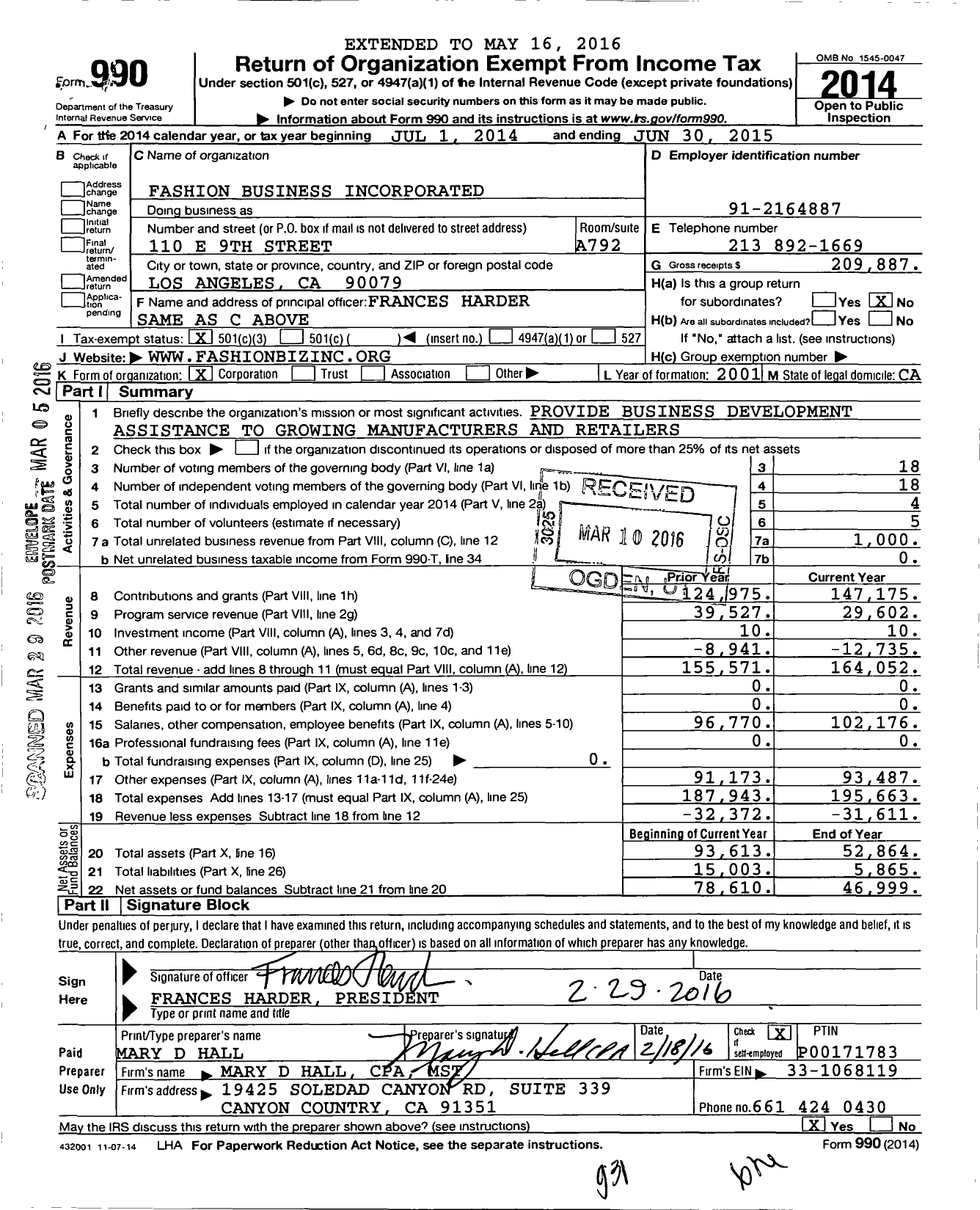 Image of first page of 2014 Form 990 for Fashion Business Incorporated