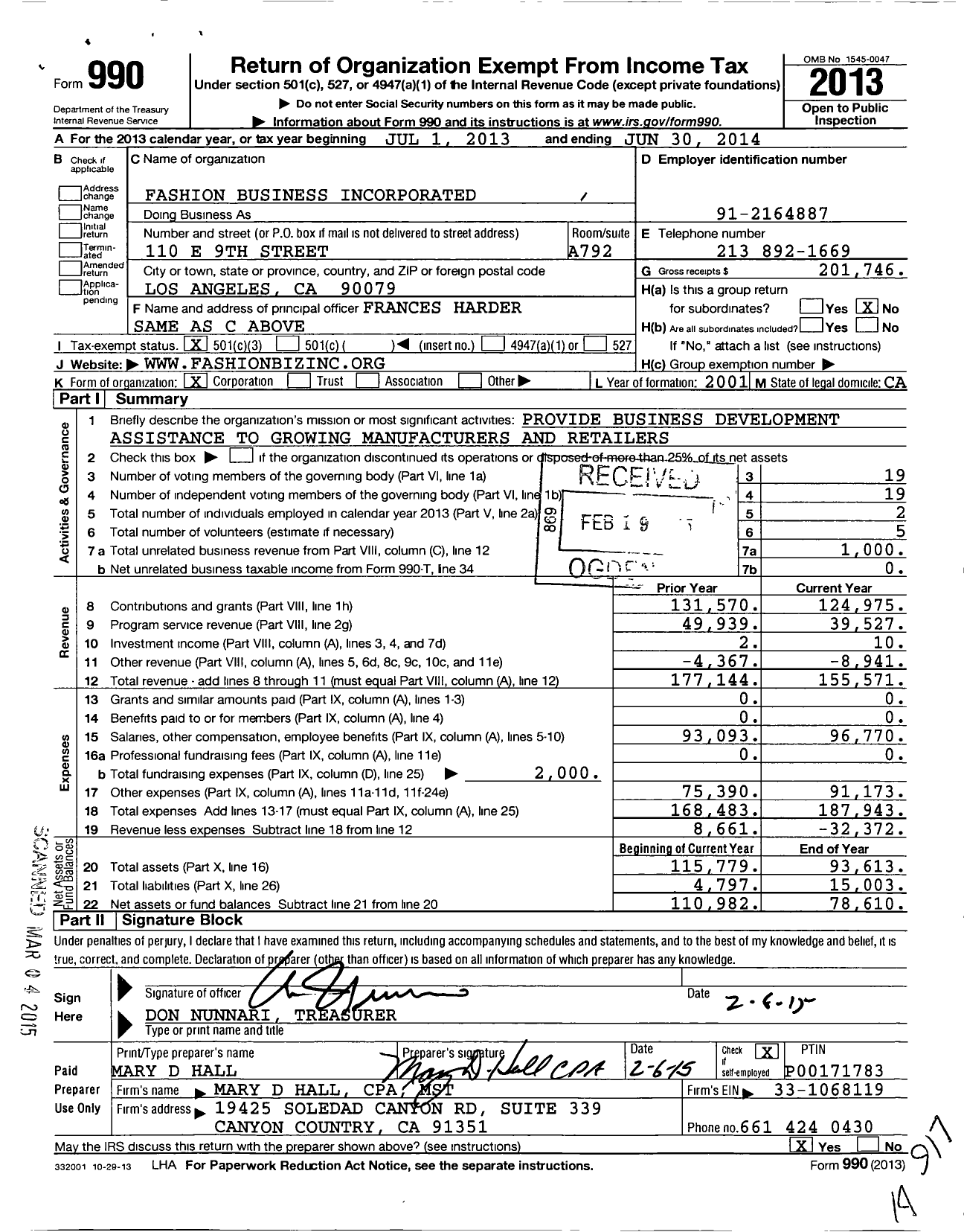 Image of first page of 2013 Form 990 for Fashion Business Incorporated