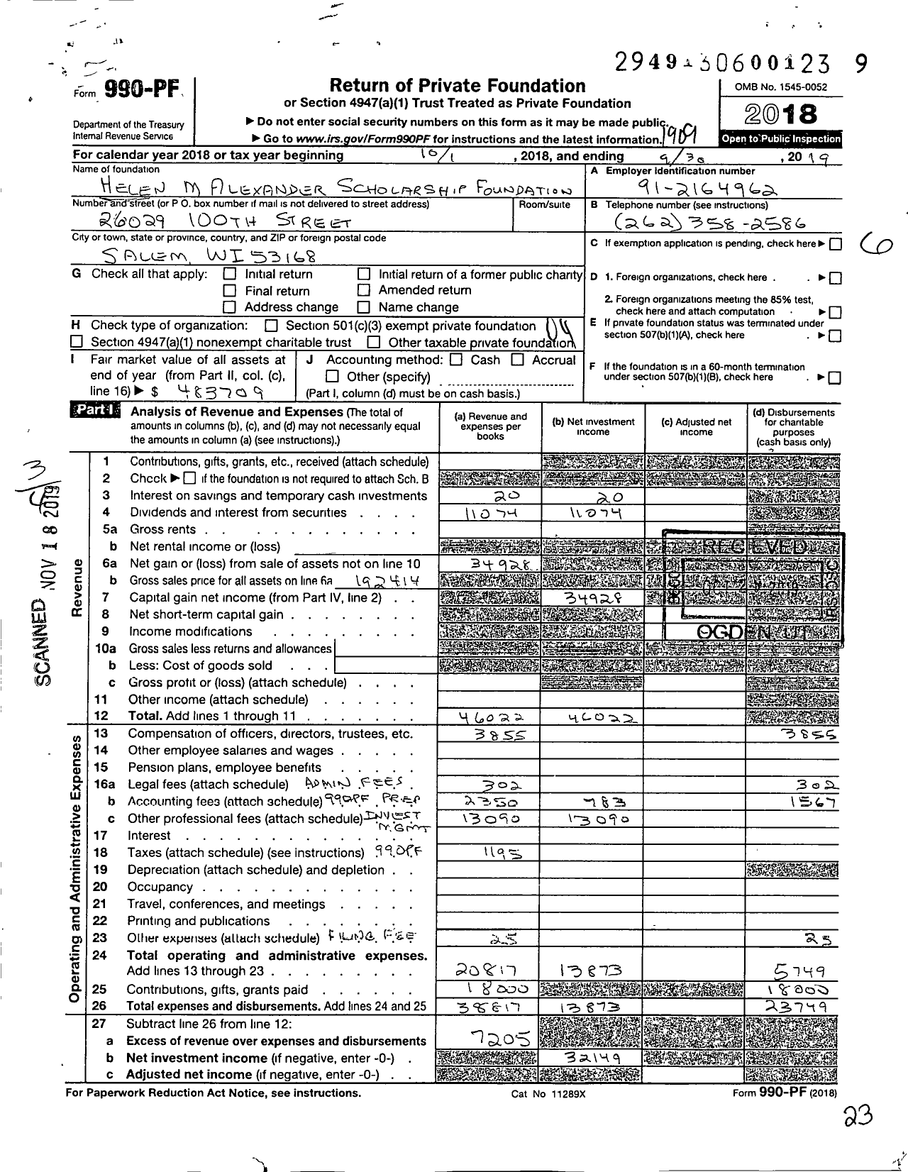 Image of first page of 2018 Form 990PF for Helen M Alexander Scholarship Fund