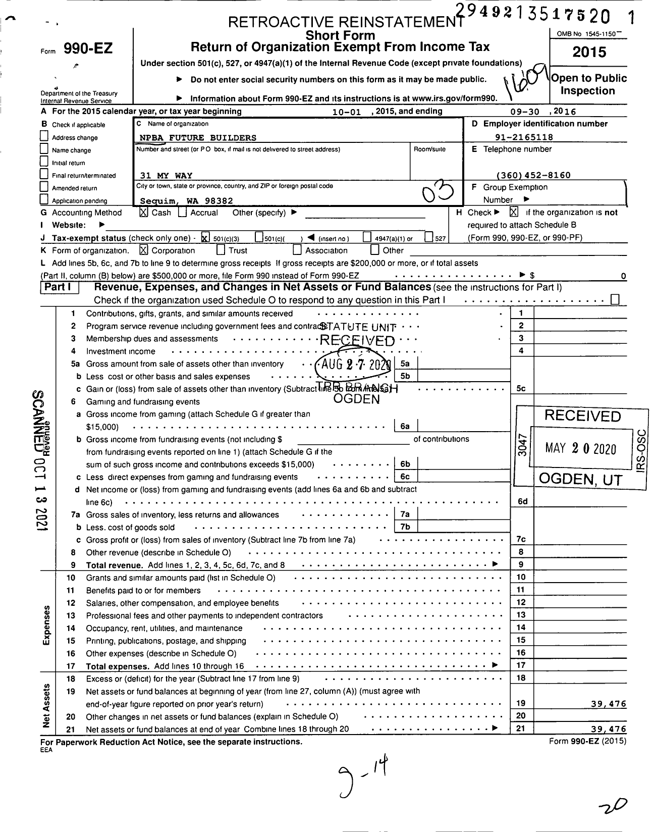 Image of first page of 2015 Form 990EZ for NPBA Future Builders