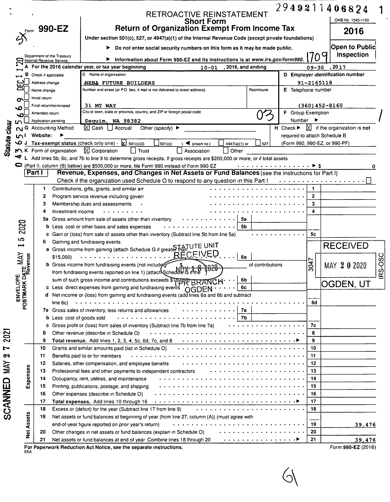 Image of first page of 2016 Form 990EZ for NPBA Future Builders