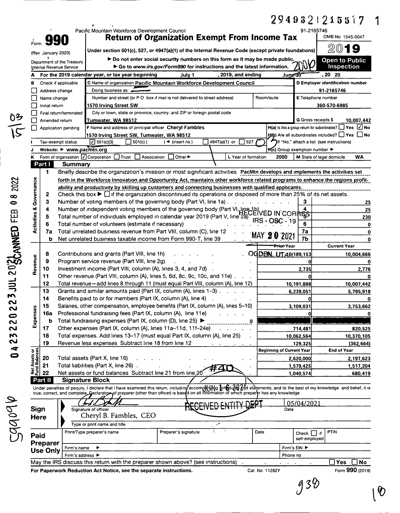 Image of first page of 2019 Form 990 for Pacific Mountain Workforce Development Council