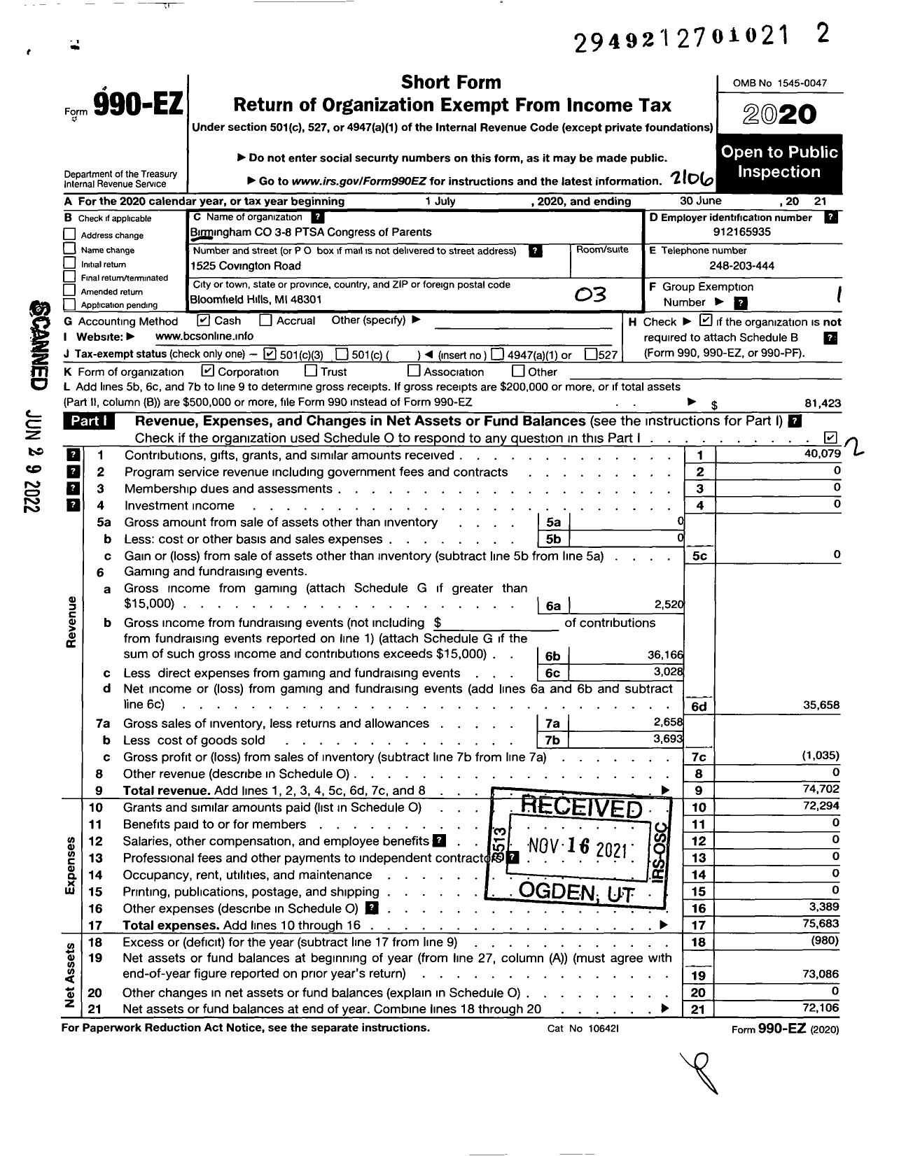 Image of first page of 2020 Form 990EZ for PTSA Michigan Congress of Parents Teachers and Students / Birmingham Covington 3-8 Ptsa