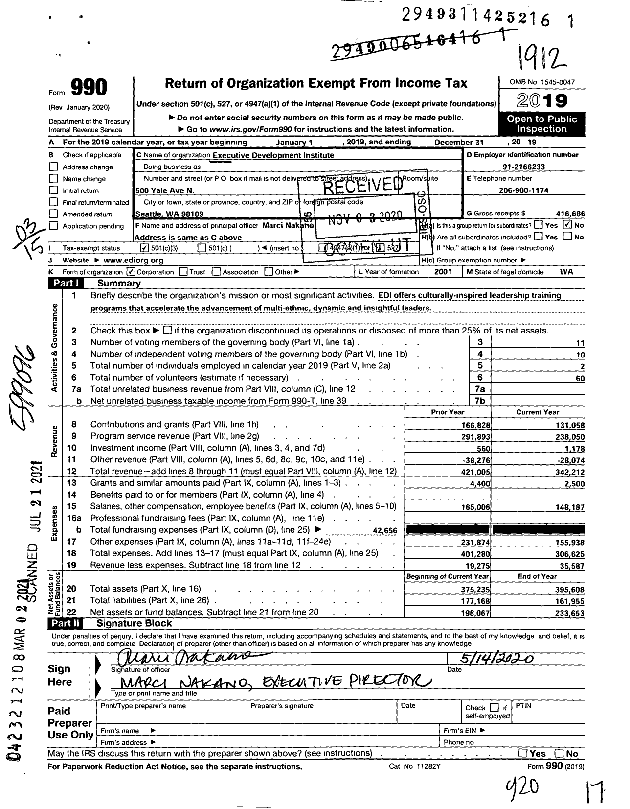 Image of first page of 2019 Form 990 for Executive Development Institute