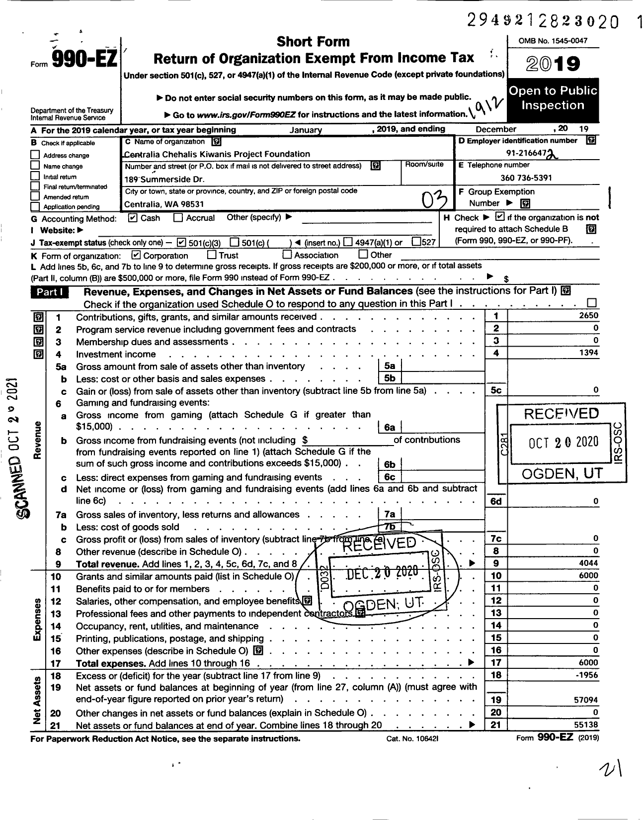 Image of first page of 2019 Form 990EZ for Centralia Chehalis Kiwanis Project Foundation