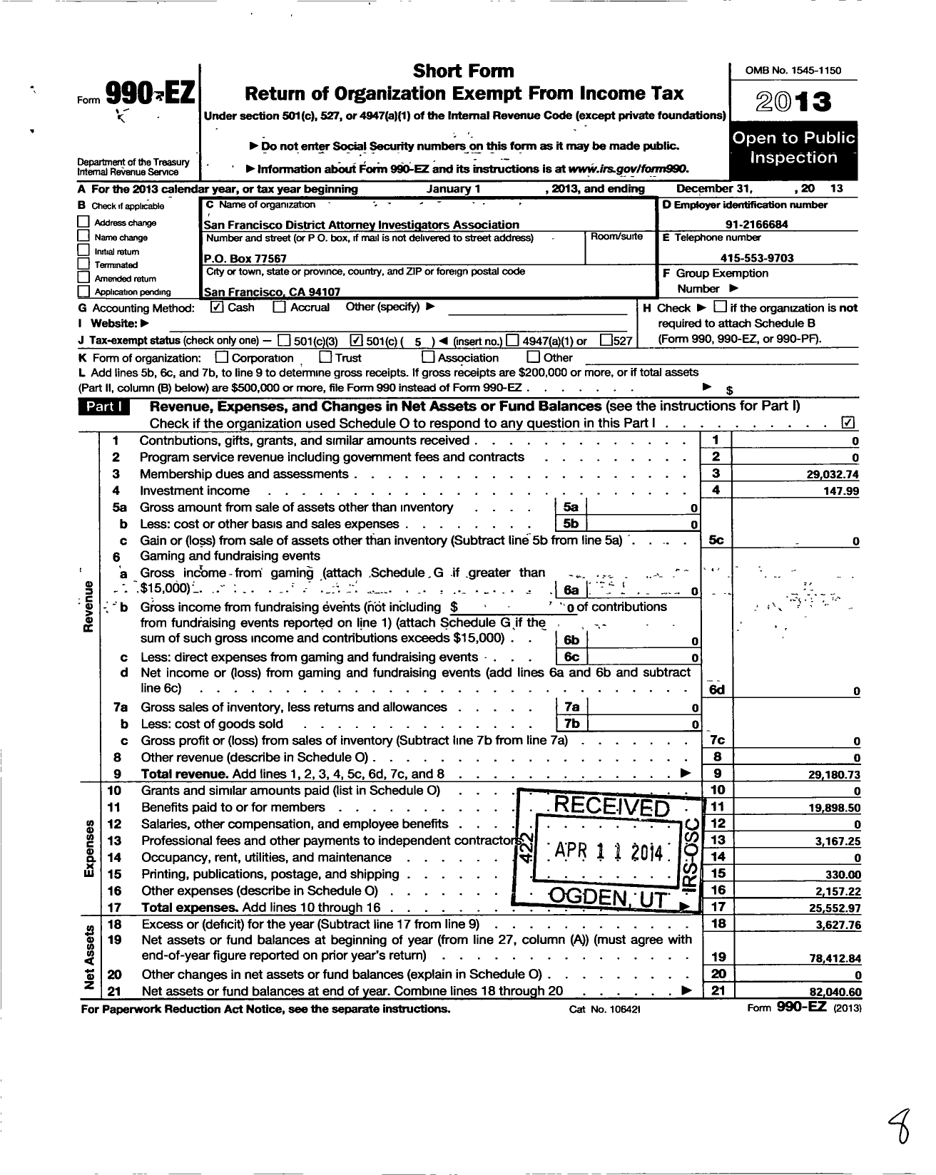 Image of first page of 2013 Form 990EO for Fraternal Order of Police - 15 San Fran Da Inv Assoc