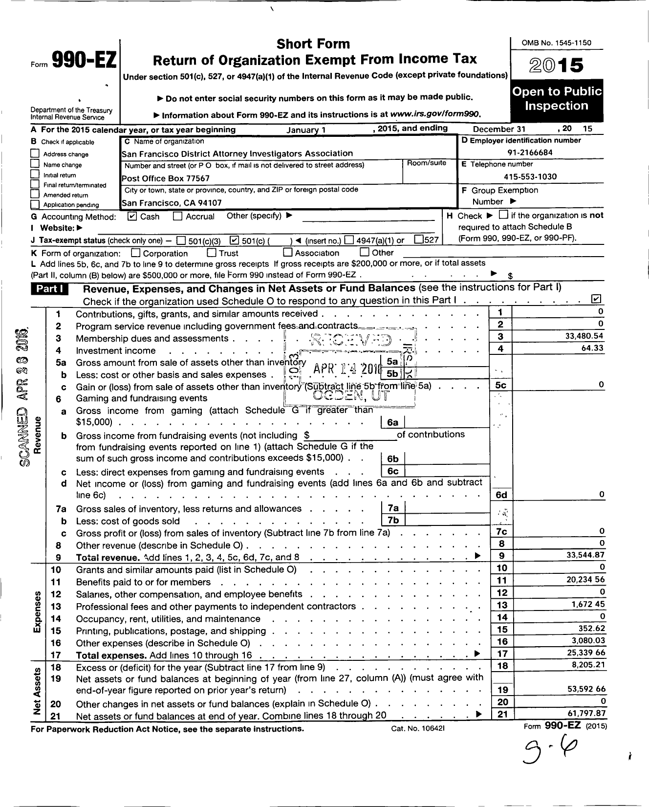 Image of first page of 2015 Form 990EO for Fraternal Order of Police - 15 San Fran Da Inv Assoc