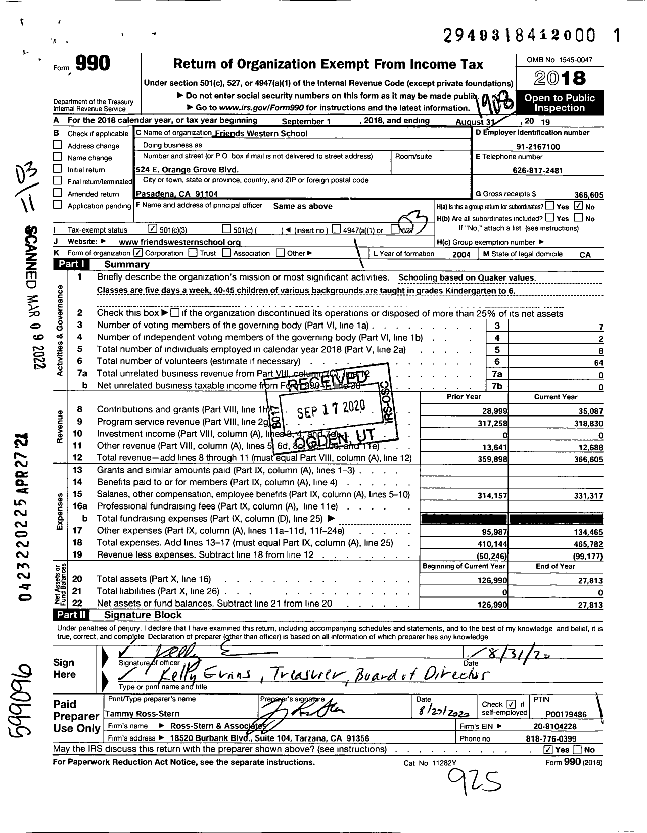 Image of first page of 2018 Form 990 for Friends Western School