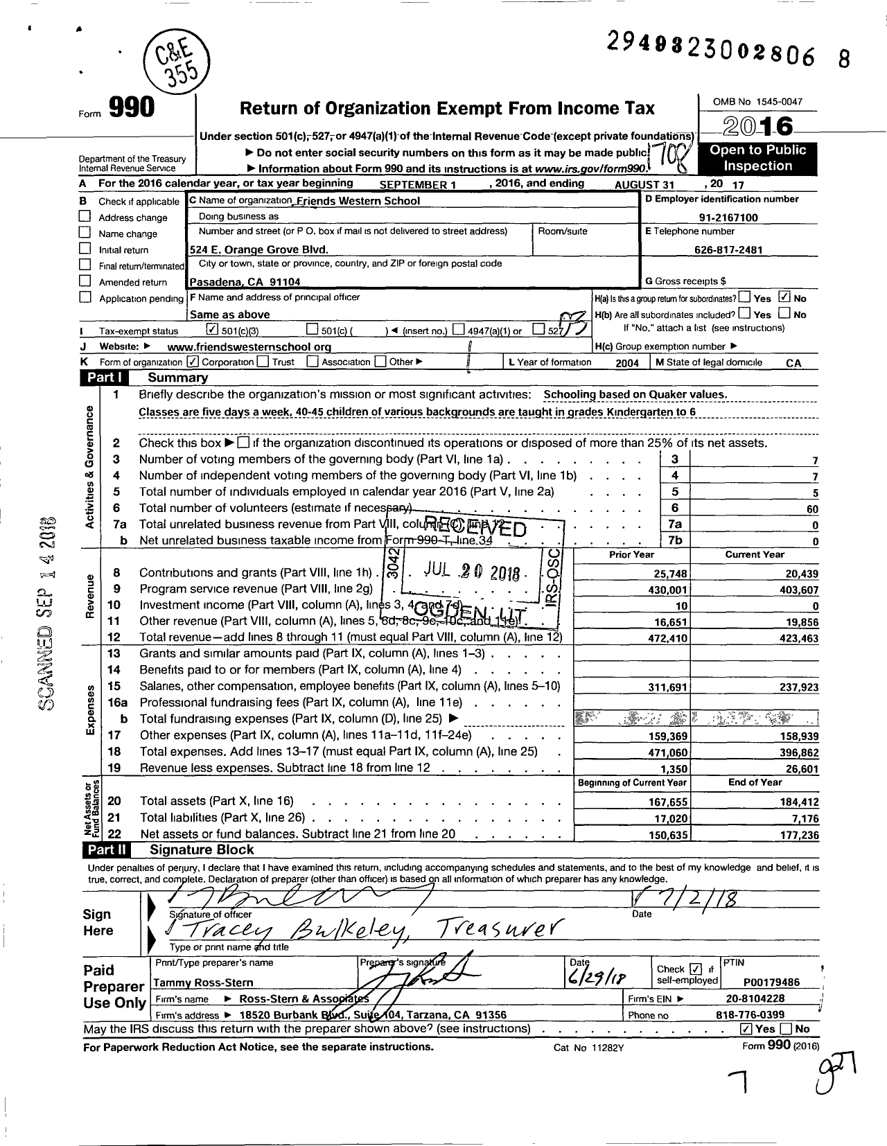 Image of first page of 2016 Form 990 for Friends Western School