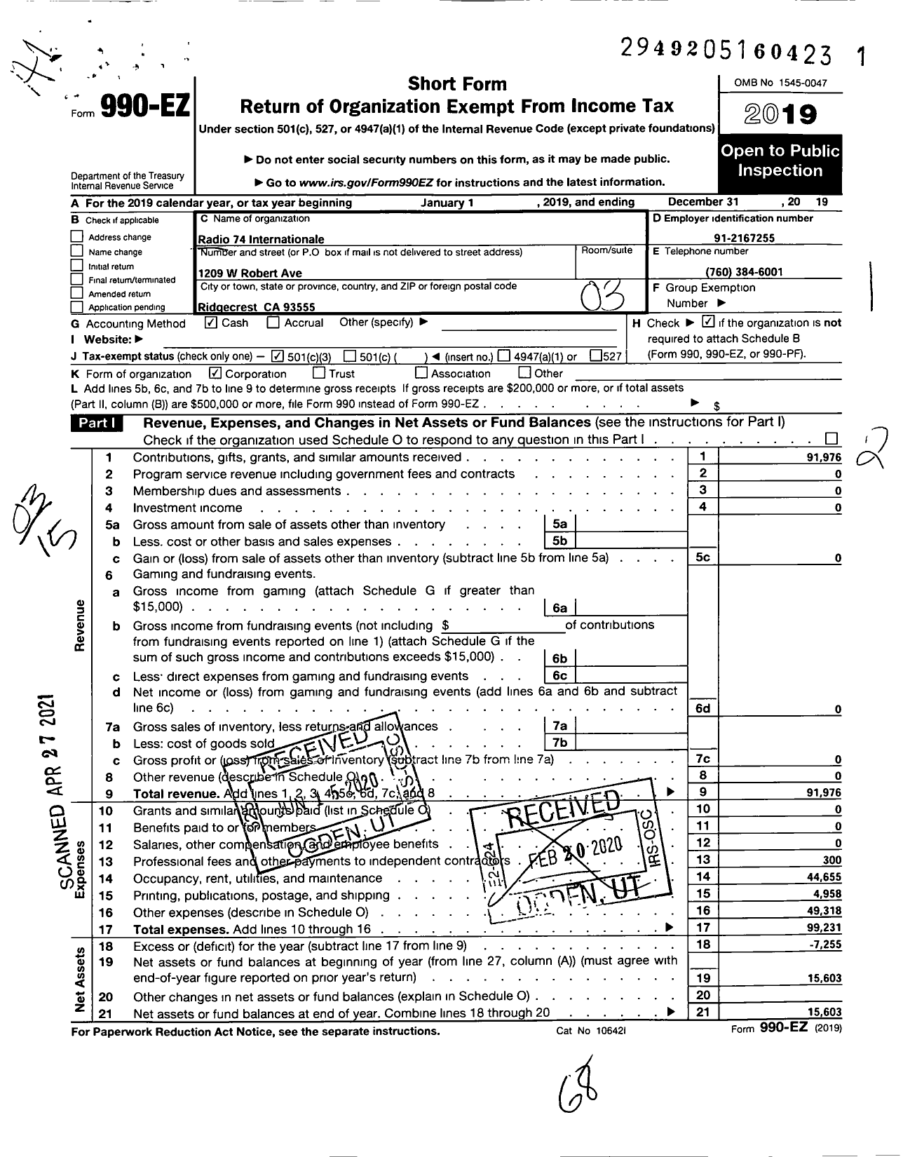 Image of first page of 2019 Form 990EZ for Radio 74 Internationale