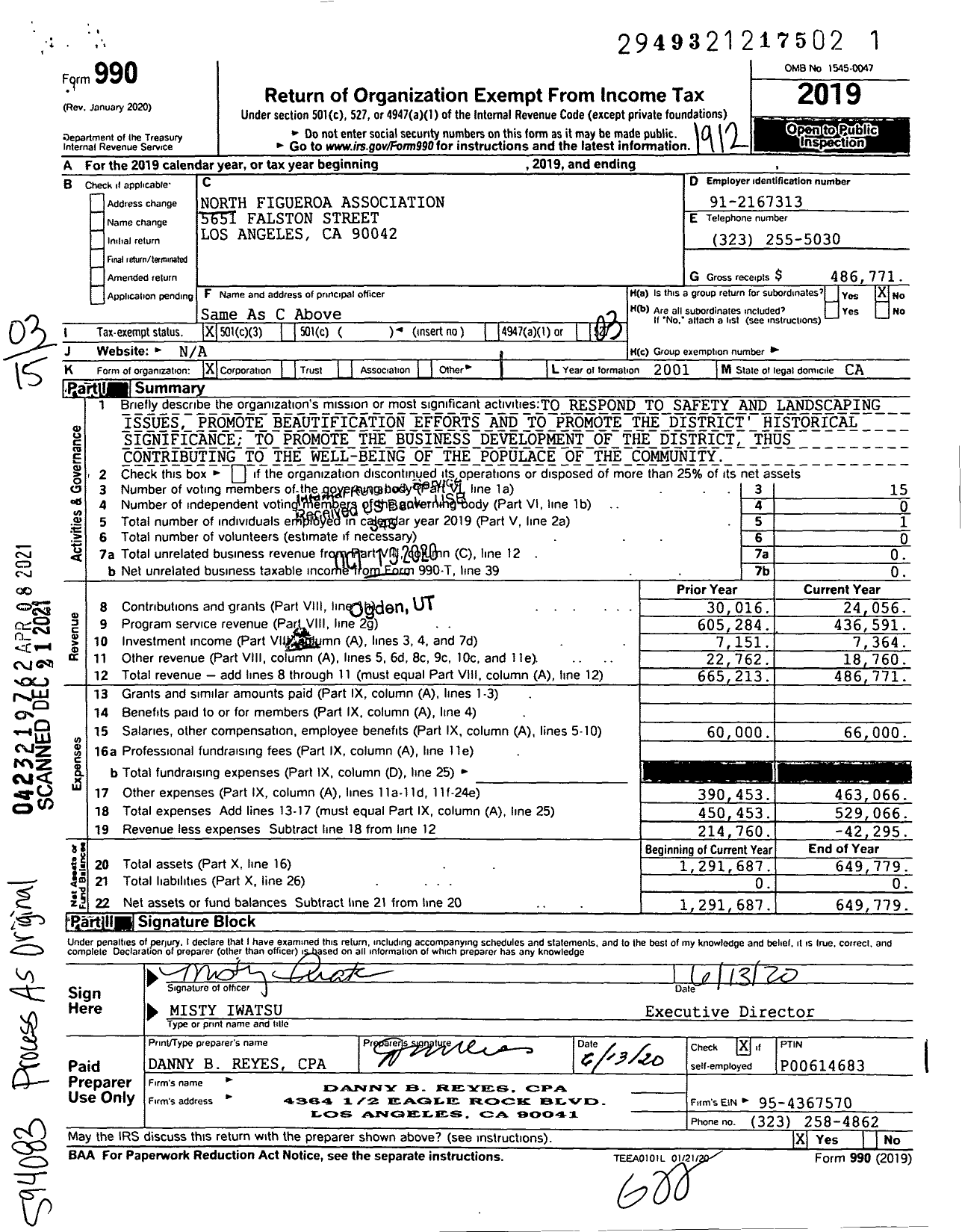Image of first page of 2019 Form 990 for North Figueroa Association