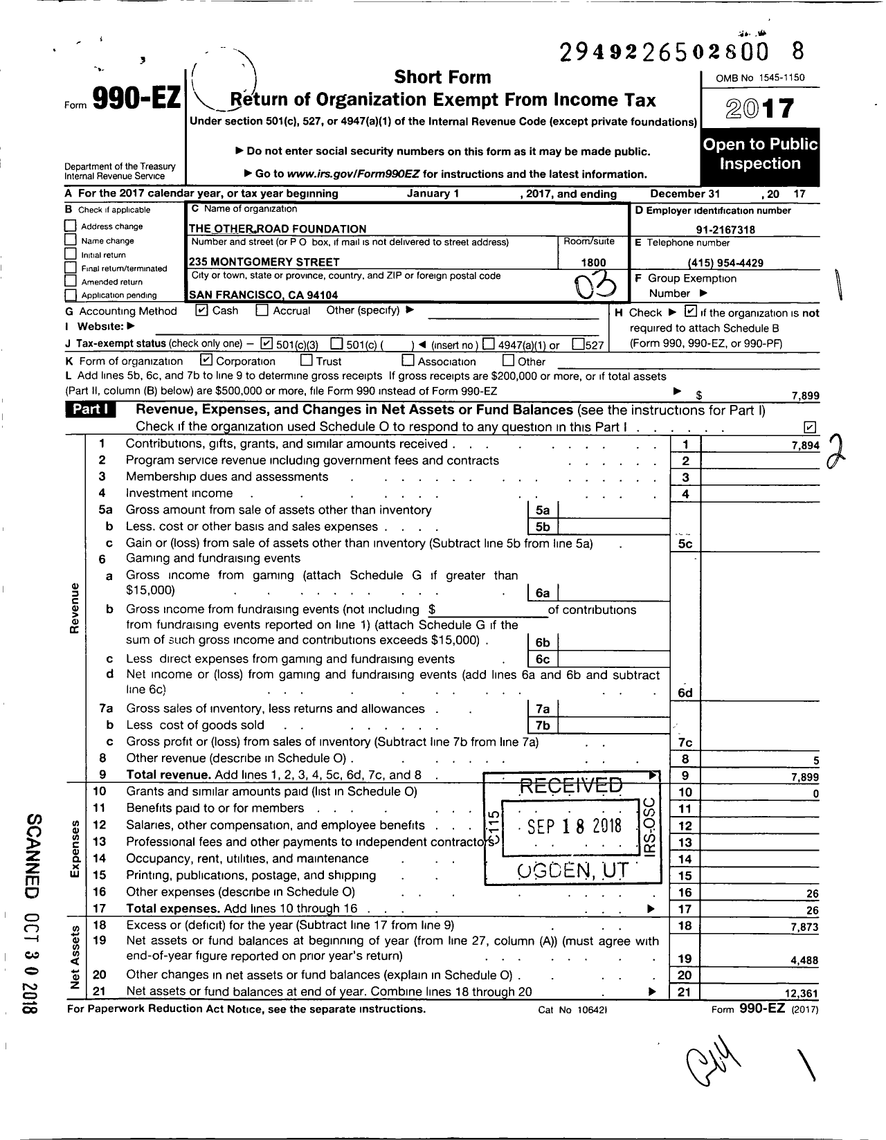 Image of first page of 2017 Form 990EZ for The Other Road Foundation