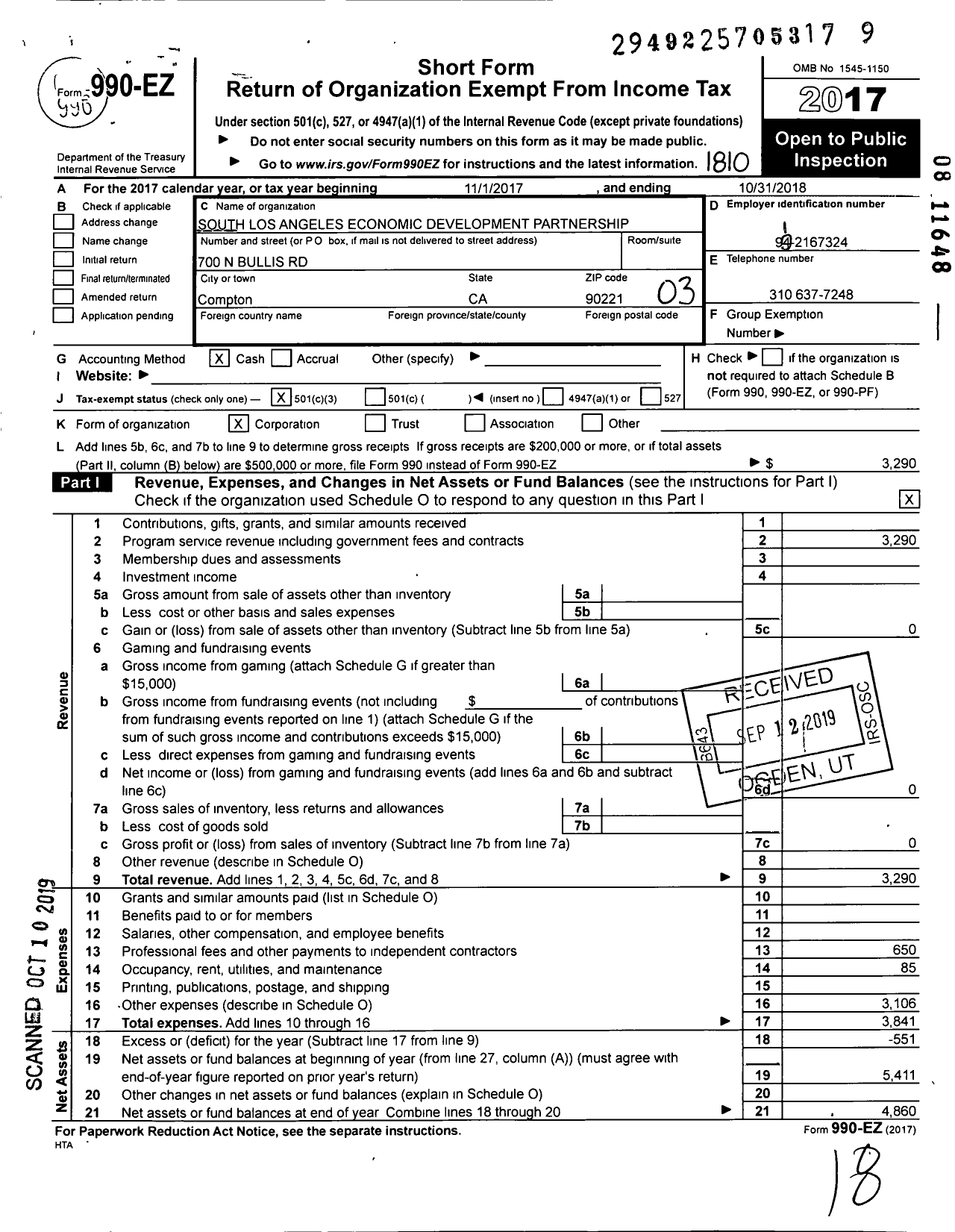 Image of first page of 2017 Form 990EZ for South Los Angeles Economic Development Partnership