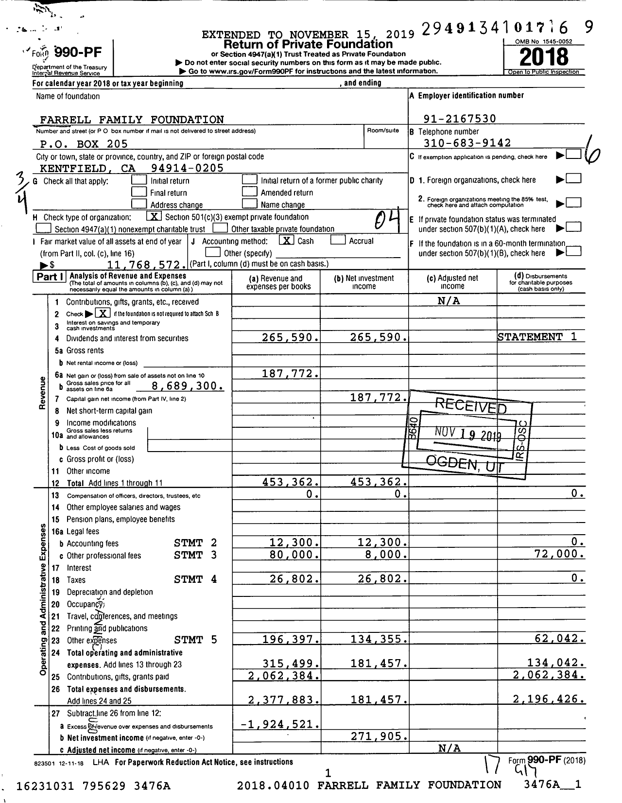 Image of first page of 2018 Form 990PF for Farrell Family Foundation