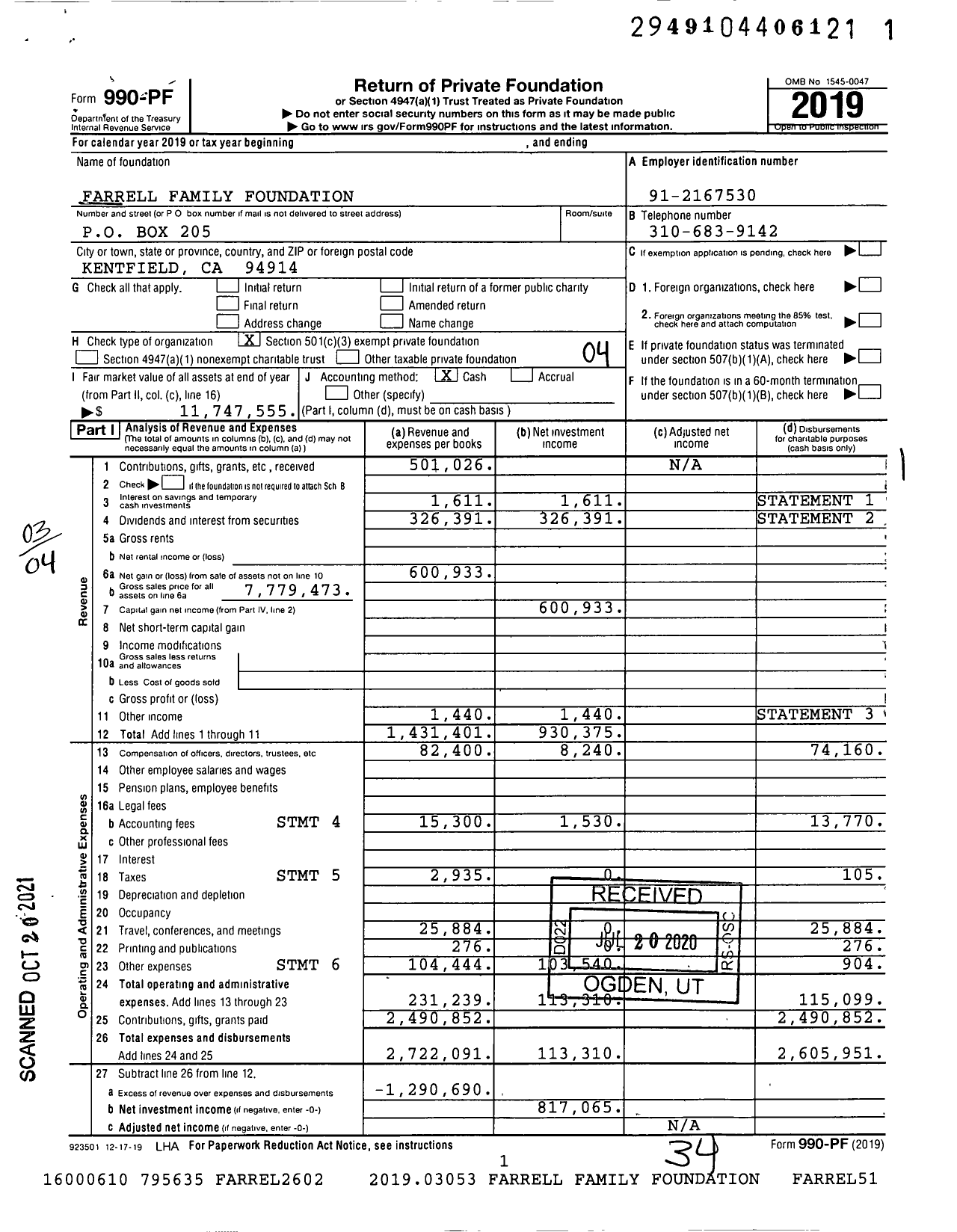 Image of first page of 2019 Form 990PF for Farrell Family Foundation