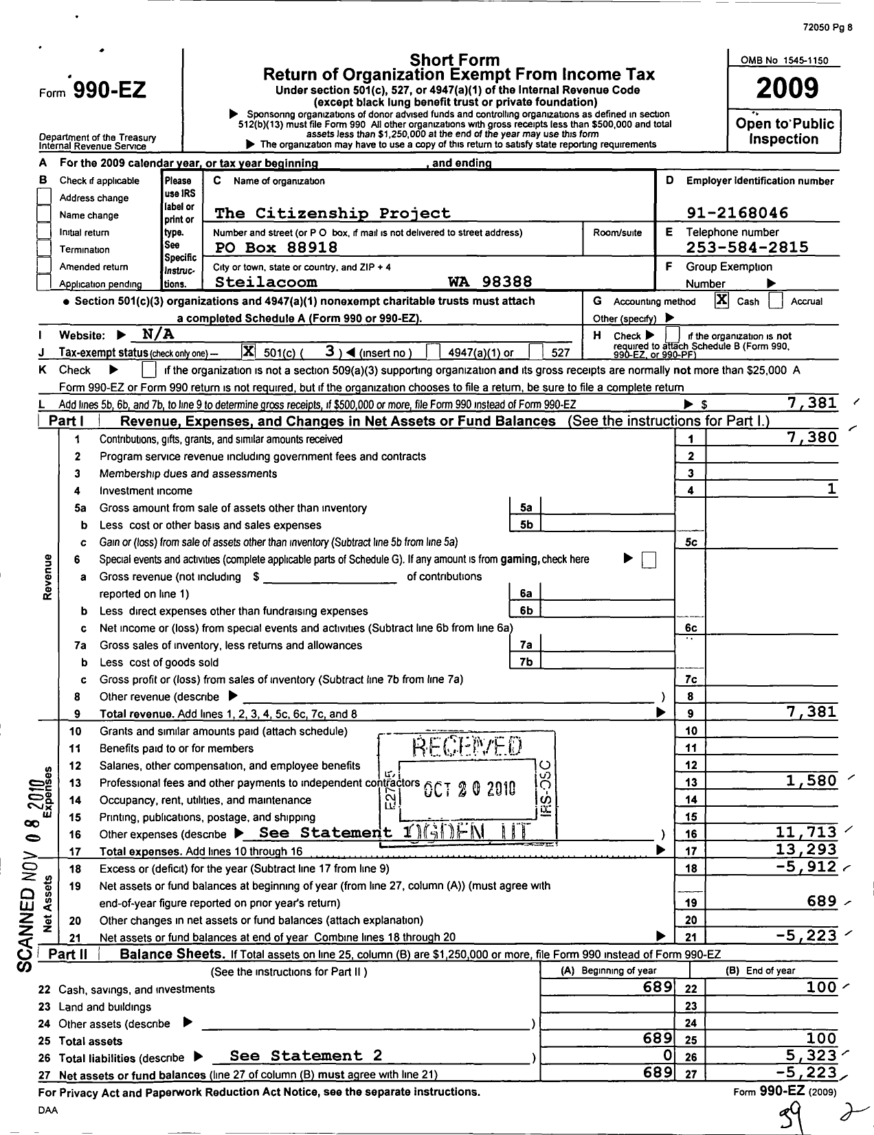 Image of first page of 2009 Form 990EZ for The Citizenship Project