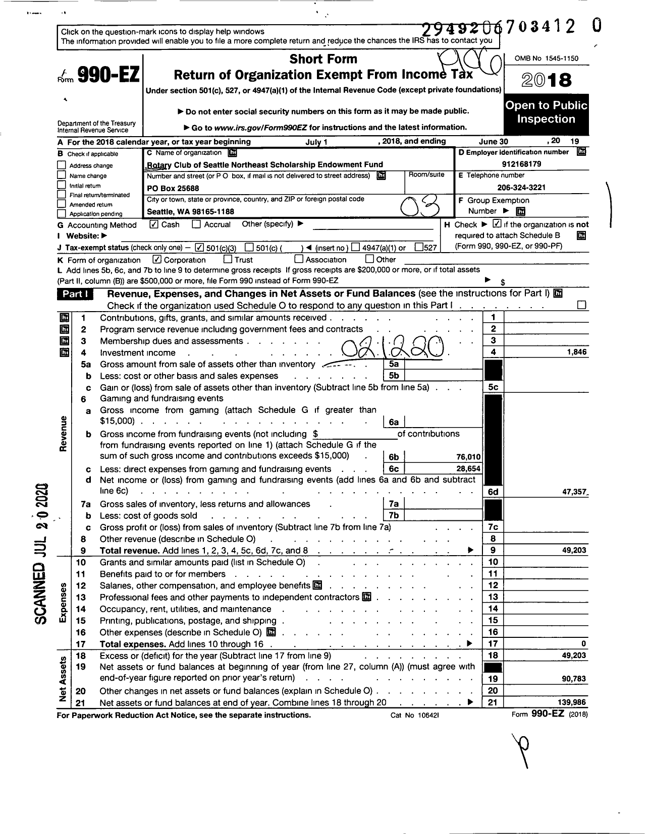 Image of first page of 2018 Form 990EZ for Rotary Club of Seattle Northeast Scholarship Endowment Fund